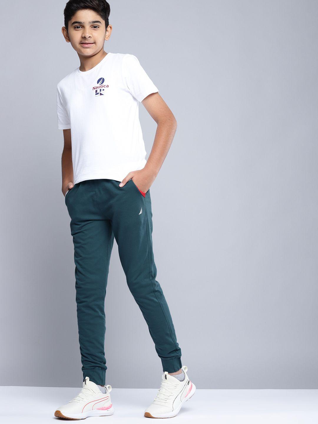 nautica boys green & red solid pure cotton joggers