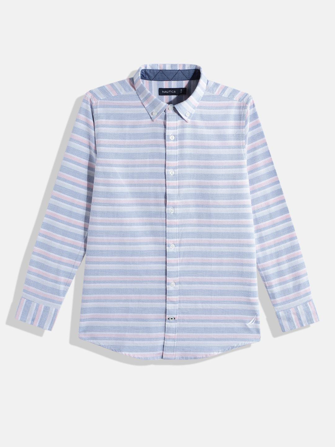 nautica boys multi or variegated stripes & self design opaque pure cotton casual shirt