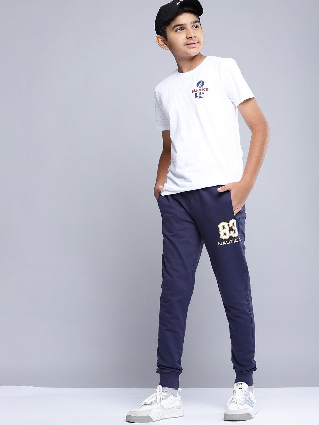 nautica boys navy blue & white brand logo print pure cotton joggers