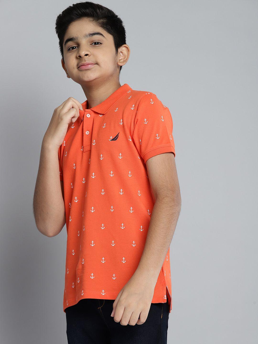 nautica boys orange & white conversational print polo collar pure cotton t-shirt
