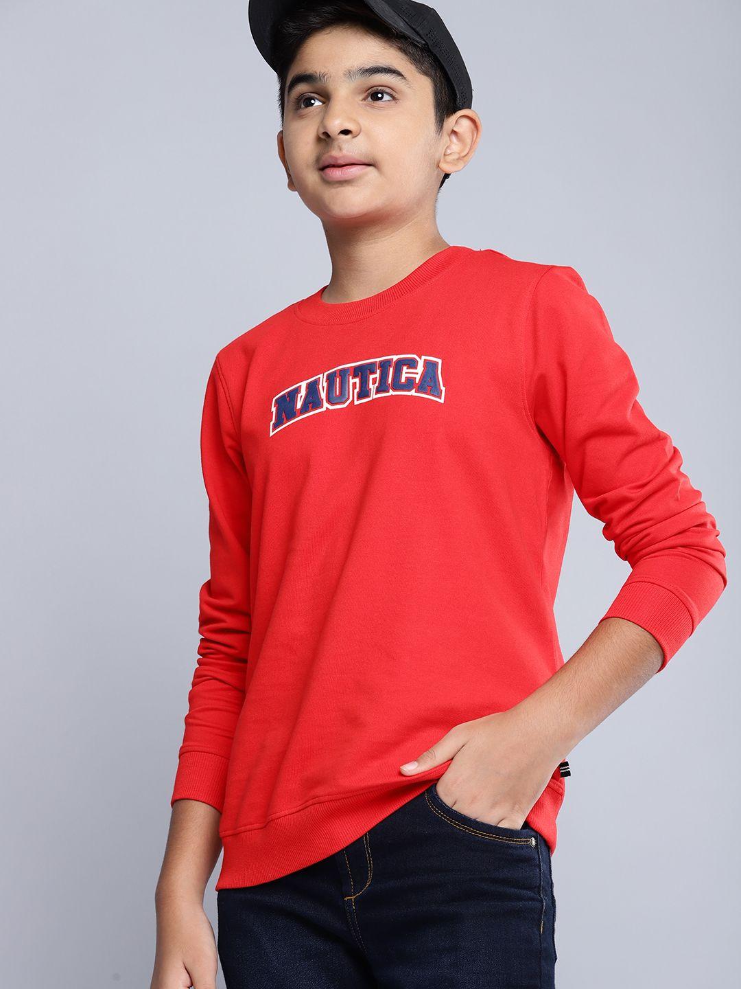 nautica boys red & navy blue pure cotton brand logo printed sweatshirt
