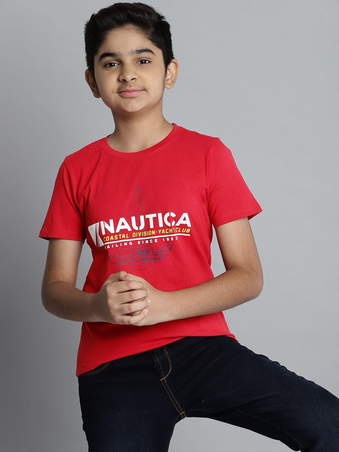 nautica boys red & white typography printed cotton t-shirt