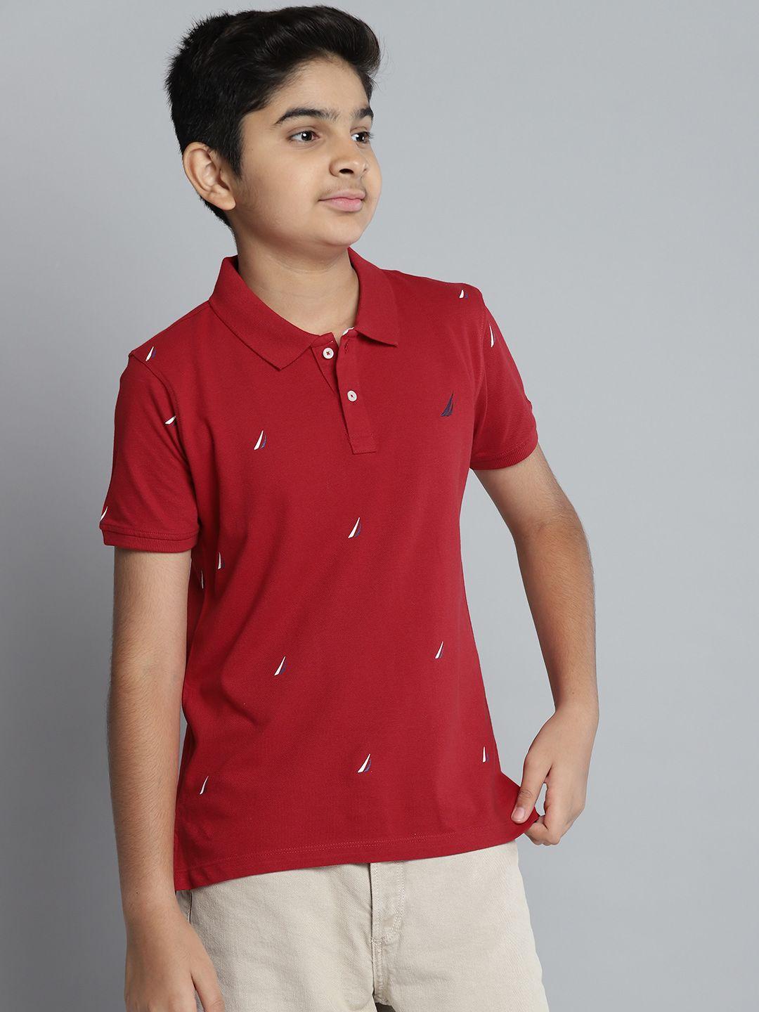 nautica boys red brand logo print polo collar embroidered pure cotton t-shirt