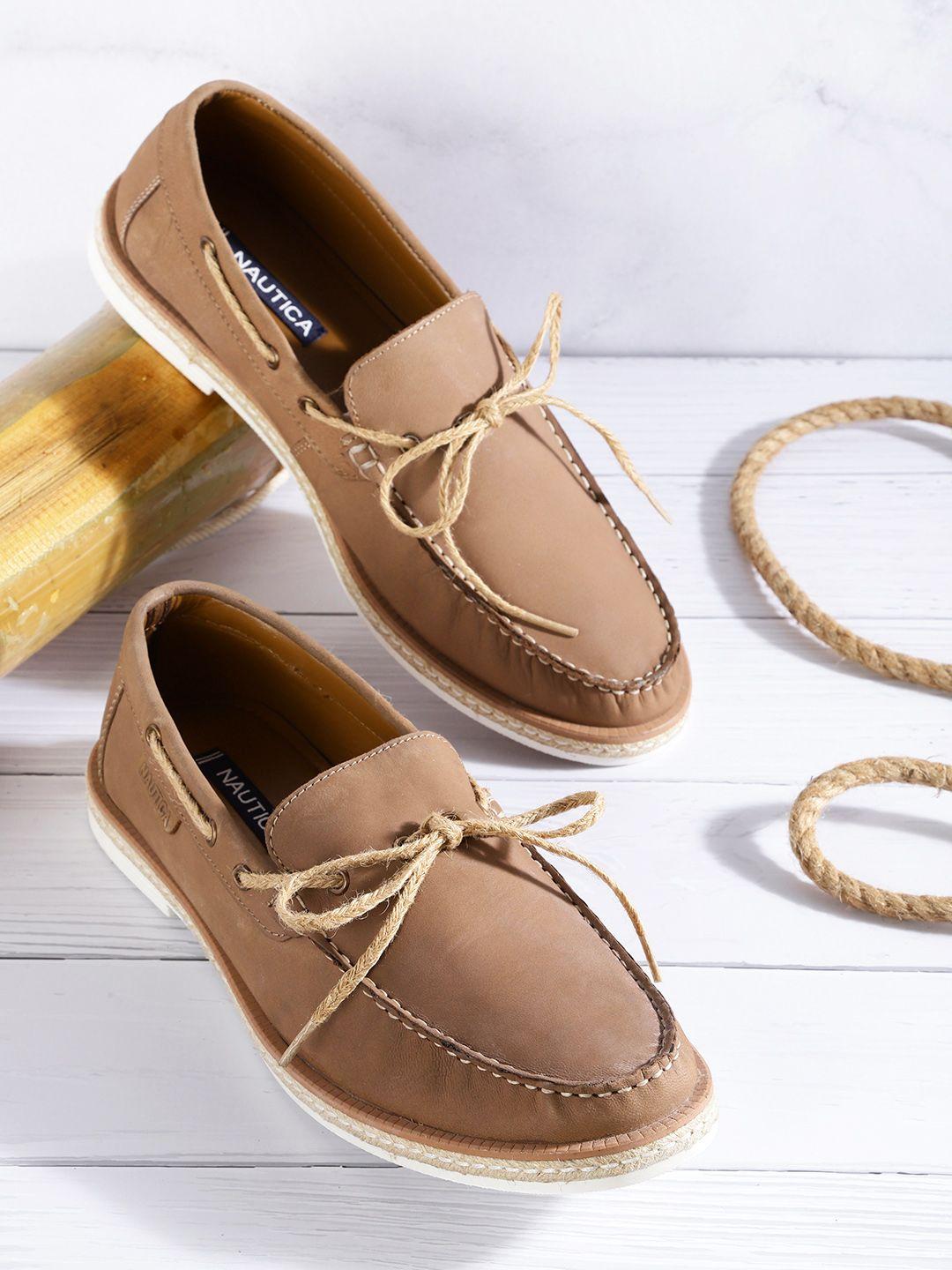 nautica men beige solid leather boat shoes