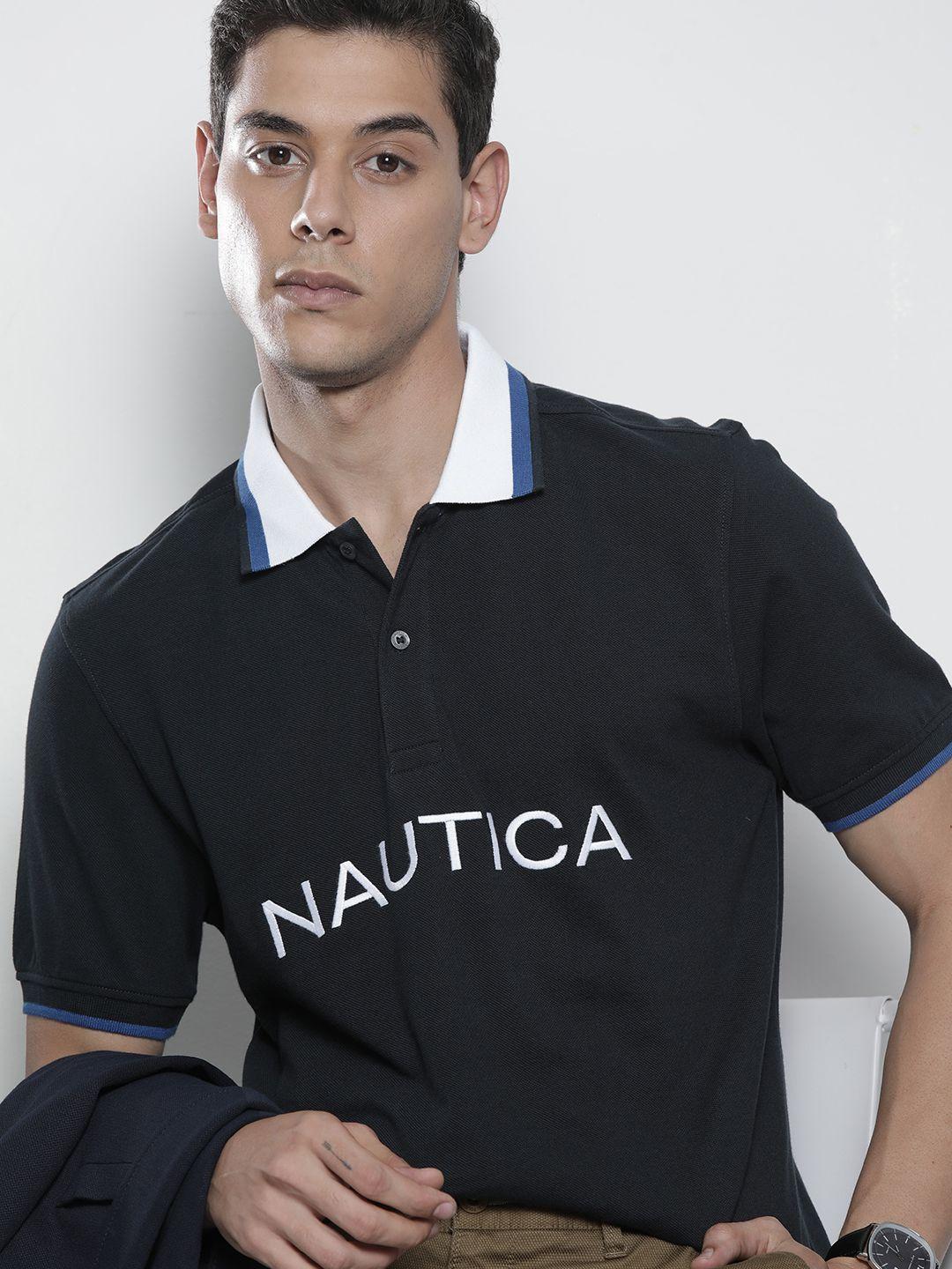 nautica men black brand logo embroidered polo collar t-shirt