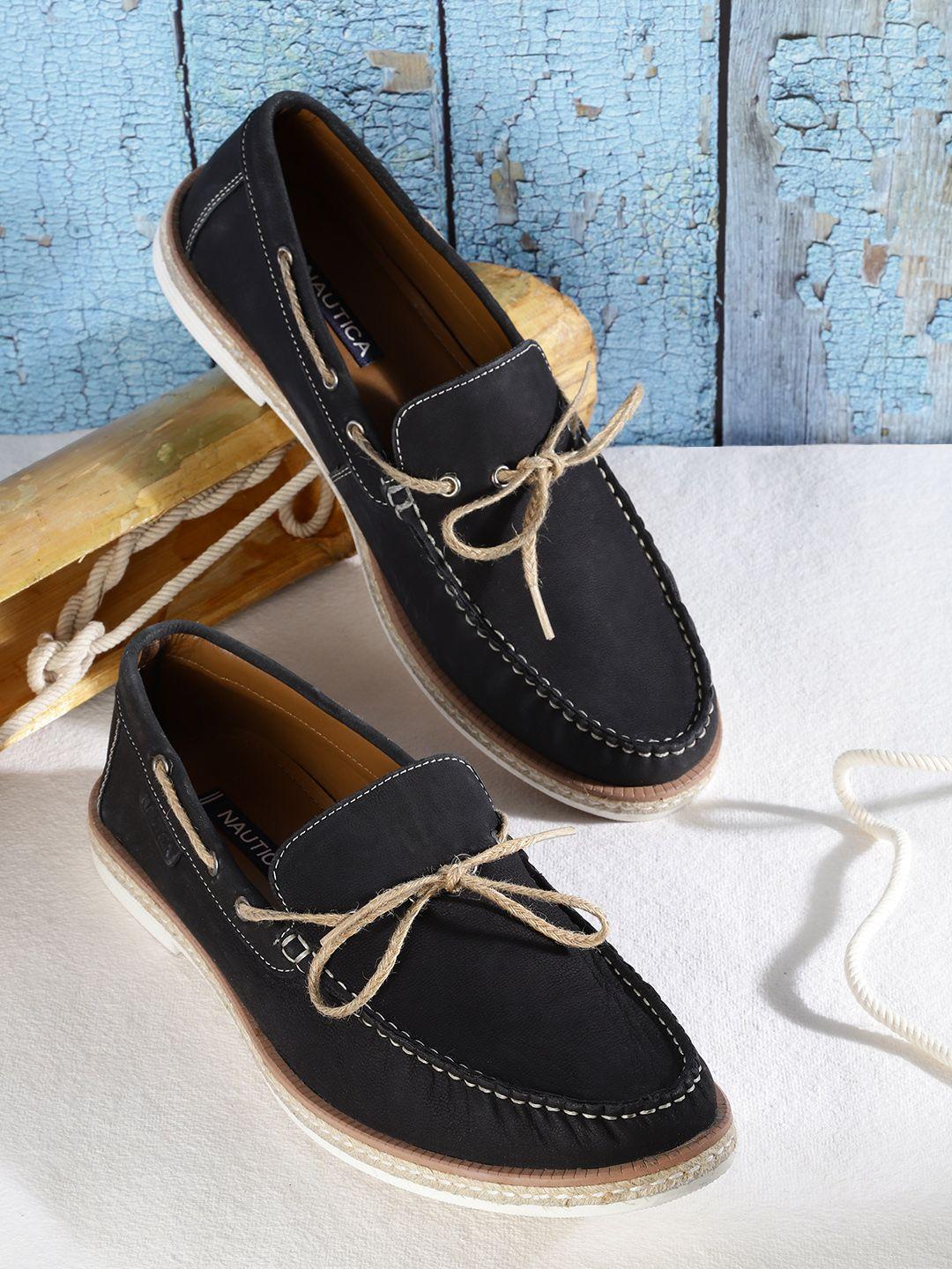 nautica men black solid leather boat shoes