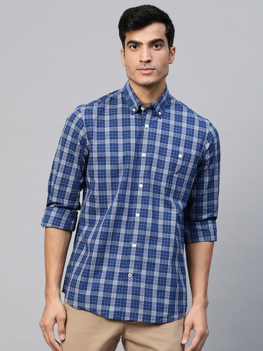 nautica men blue & grey checked classic fit casual shirt