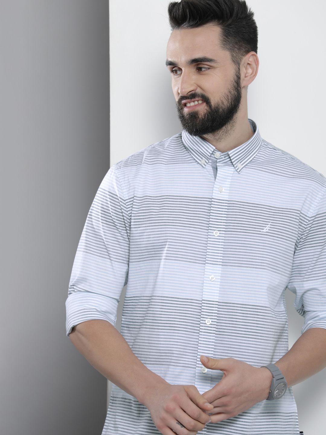 nautica men blue slim fit multi stripes opaque stretchable casual shirt
