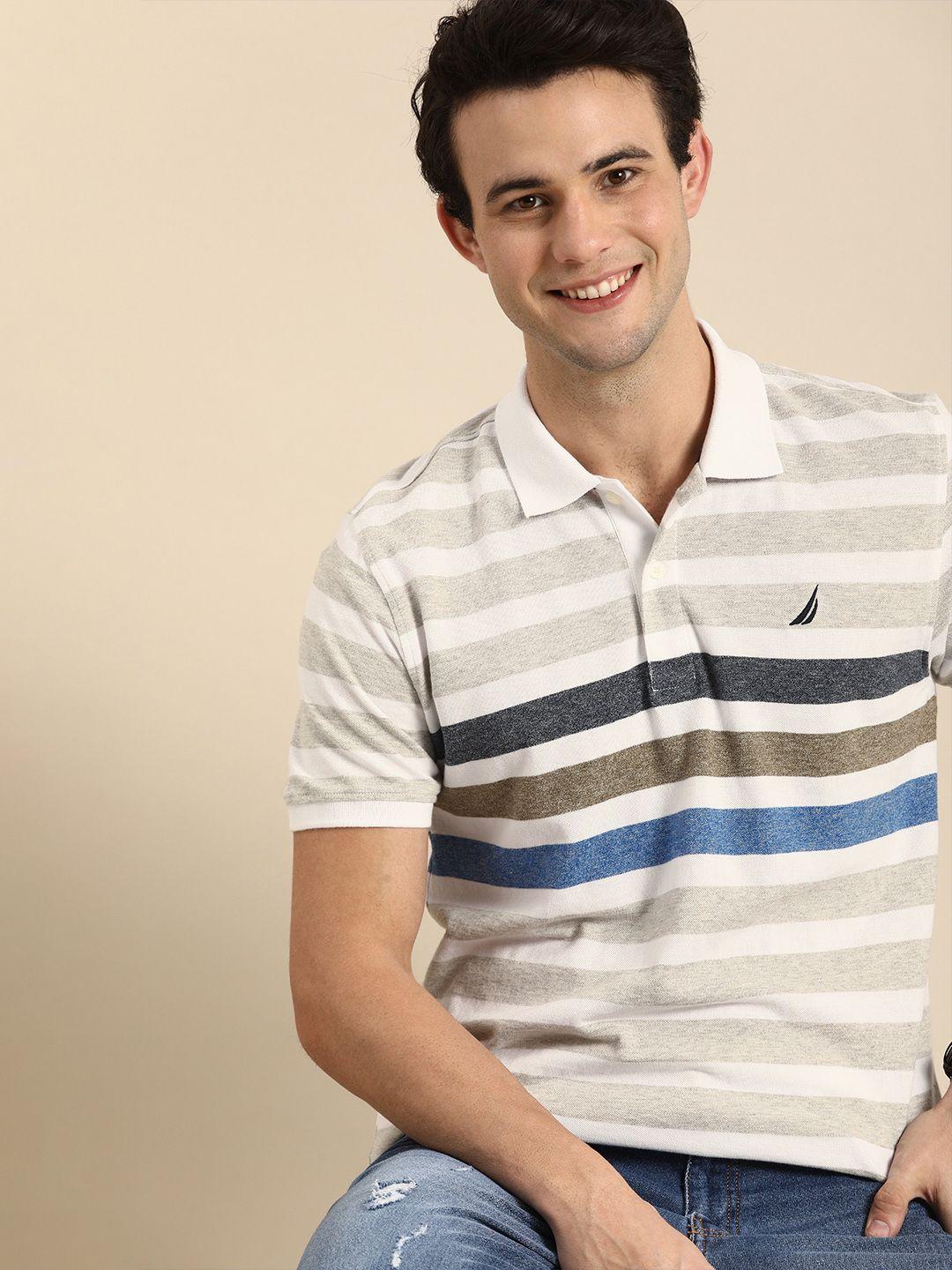 nautica men multicoloured striped polo collar pure cotton t-shirt
