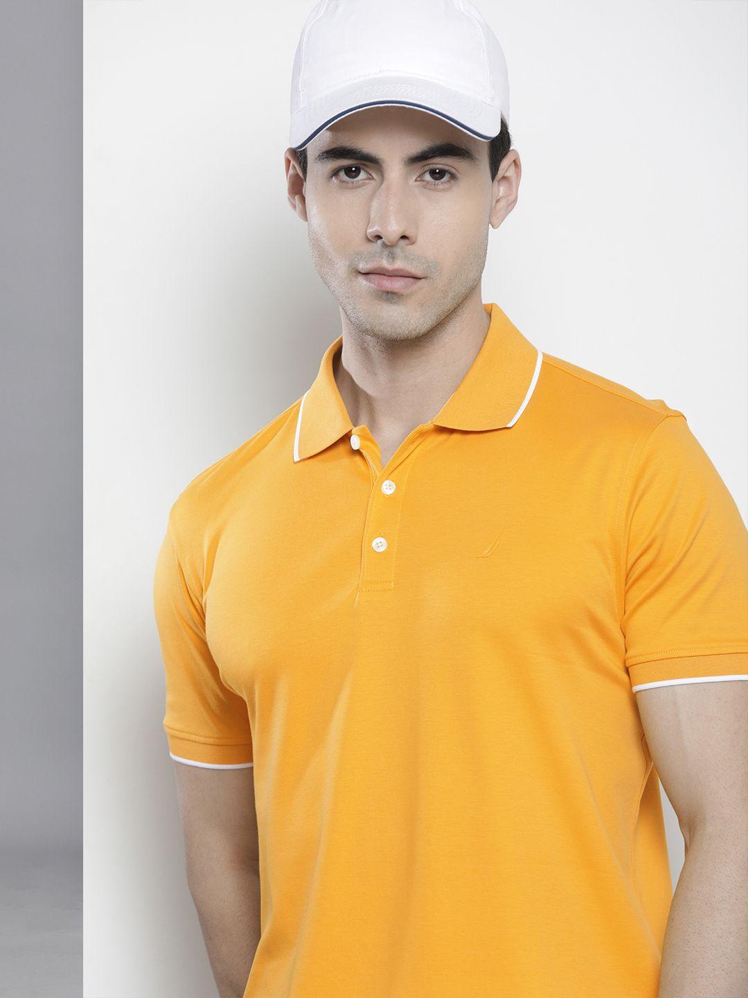nautica men mustard yellow solid polo collar pure cotton t-shirt