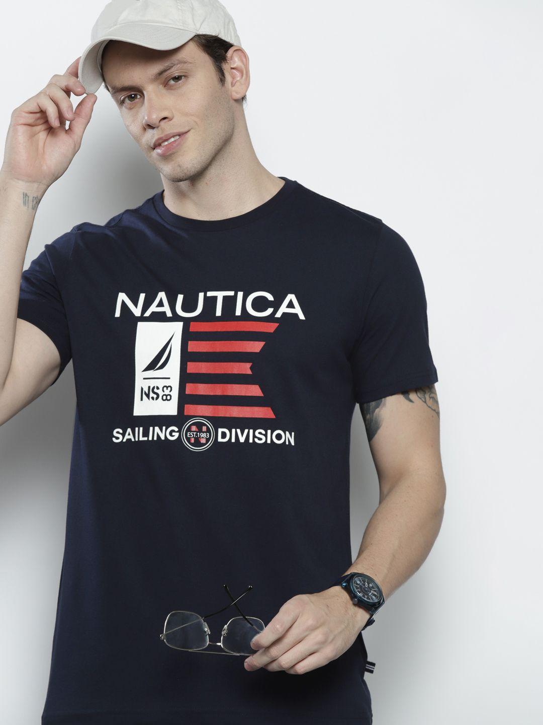 nautica men navy blue brand logo print round neck pure cotton t-shirt