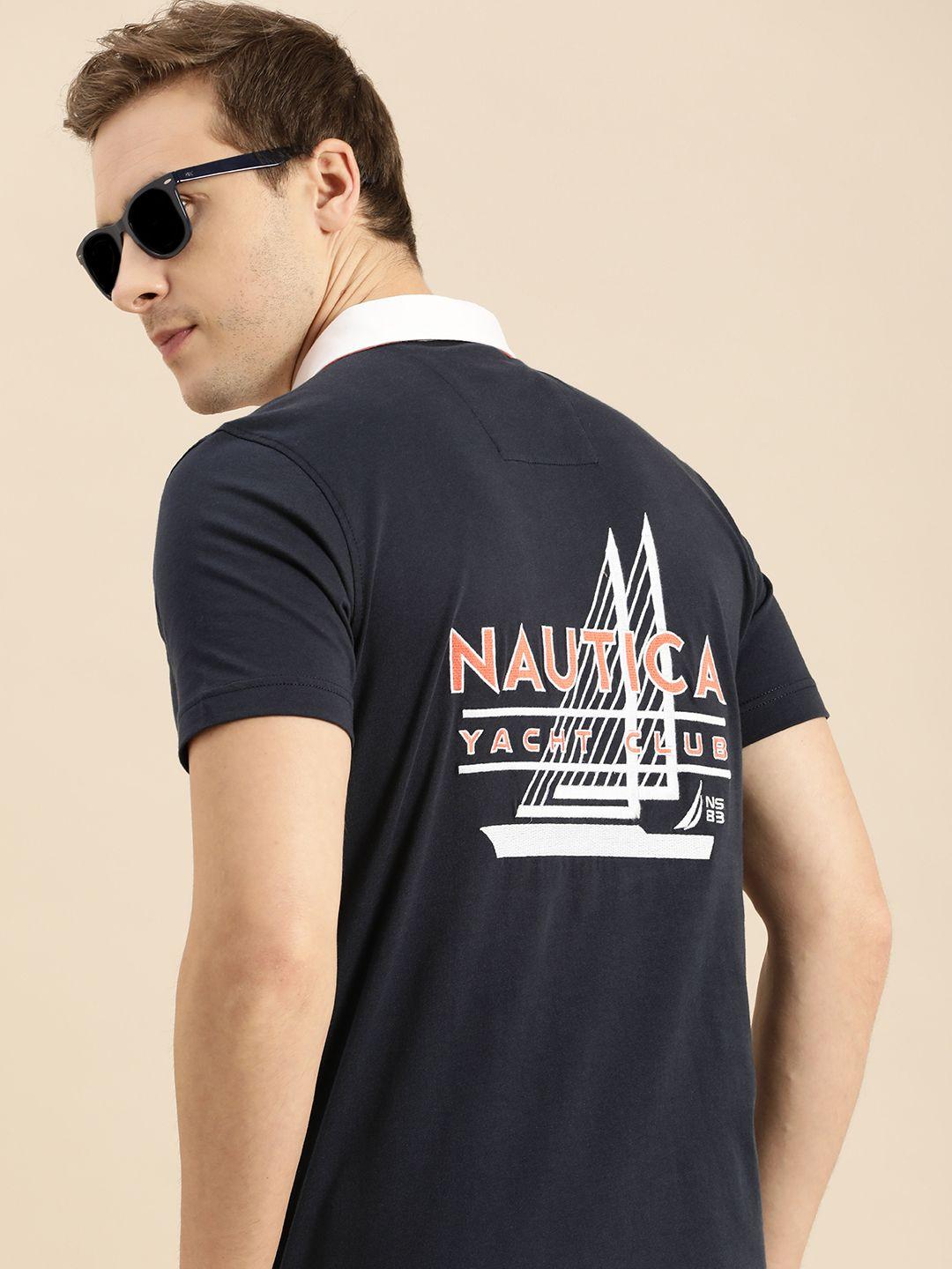 nautica men navy blue brand logo printed polo collar t-shirt