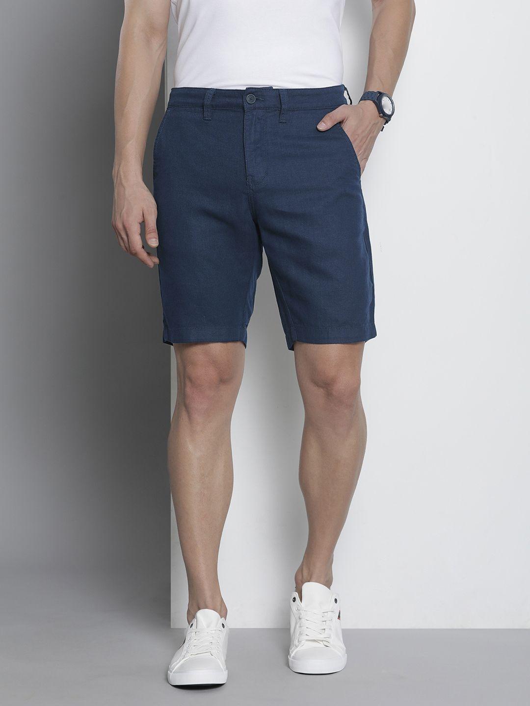 nautica men navy blue solid slim fit cotton linen regular shorts