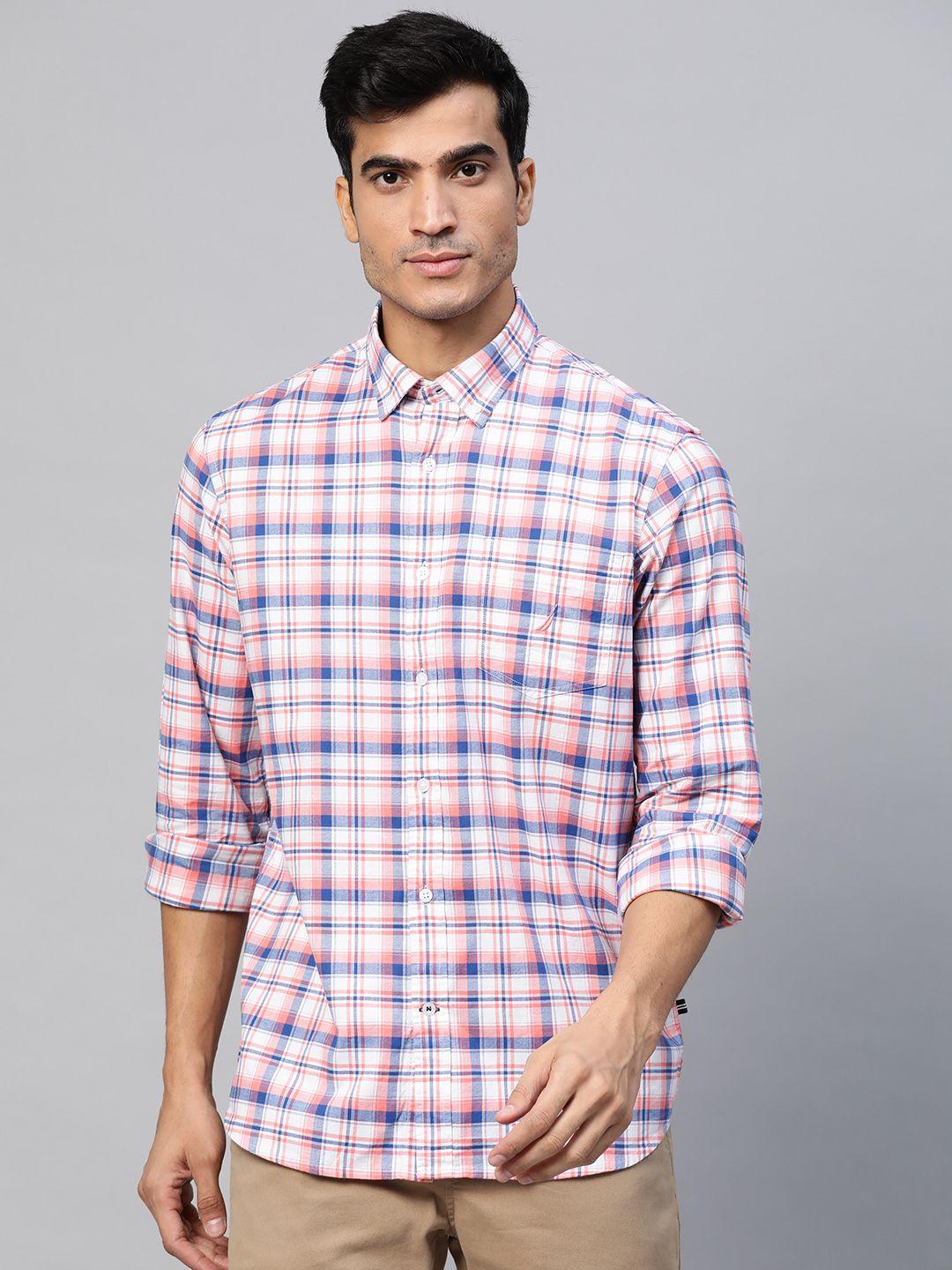nautica men peach-coloured & blue checked classic fit casual shirt