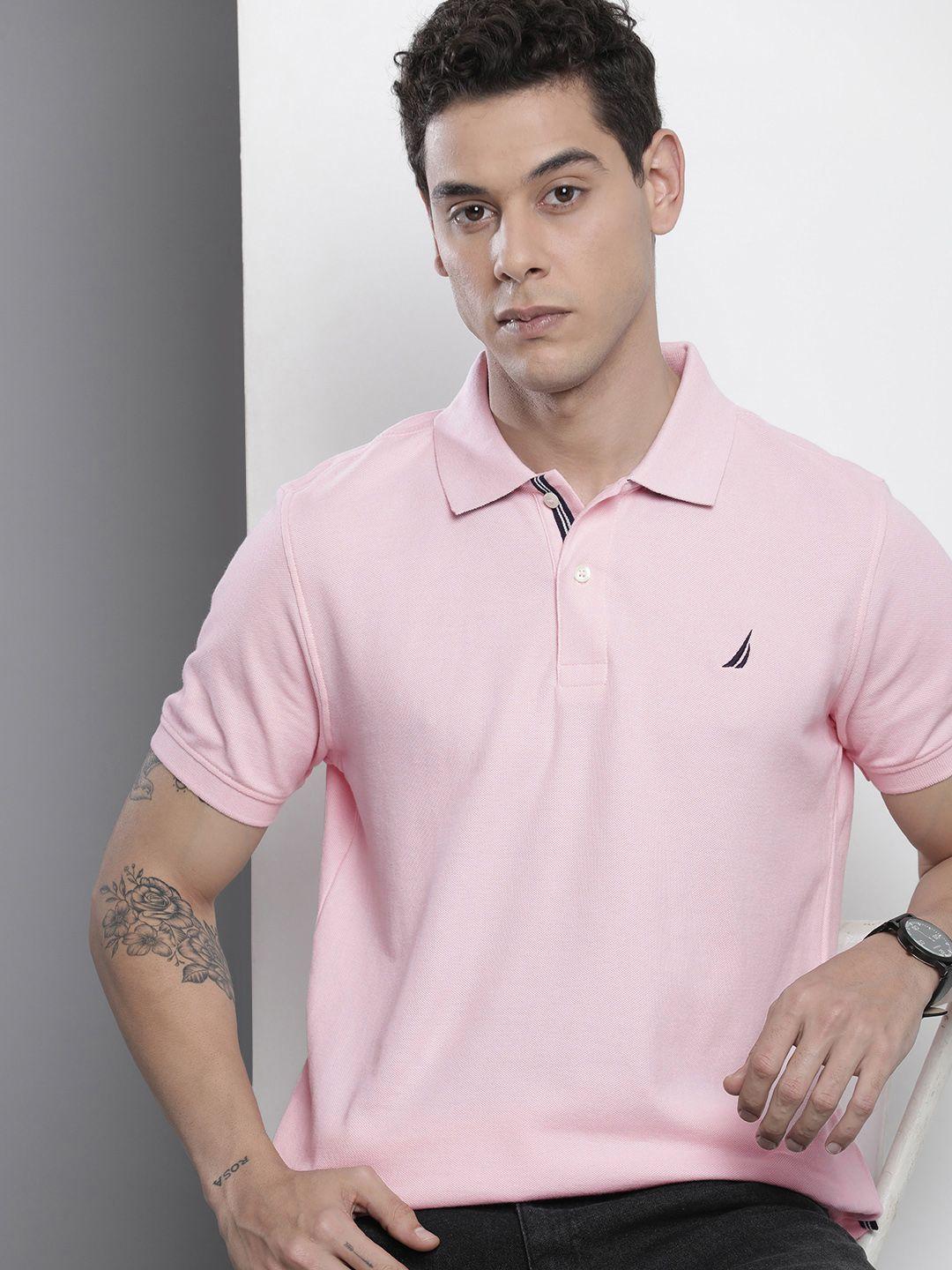 nautica men pink pure cotton brand logo polo collar slim fit t-shirt