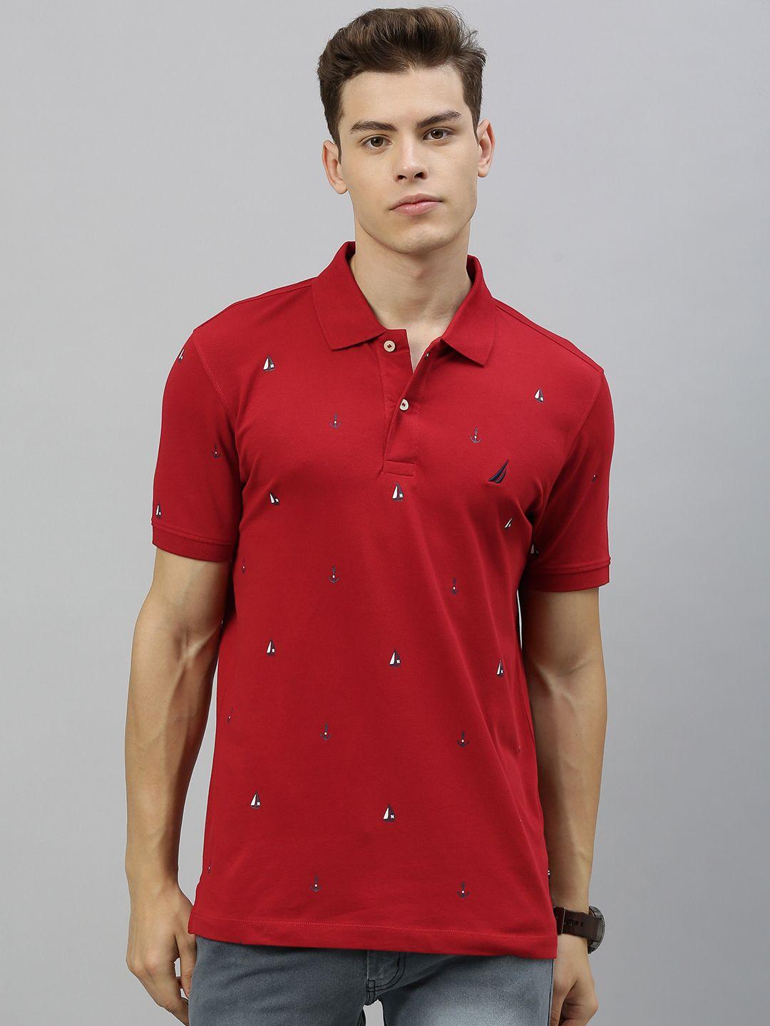 nautica men red conversational print polo collar pure cotton slim fit t-shirt