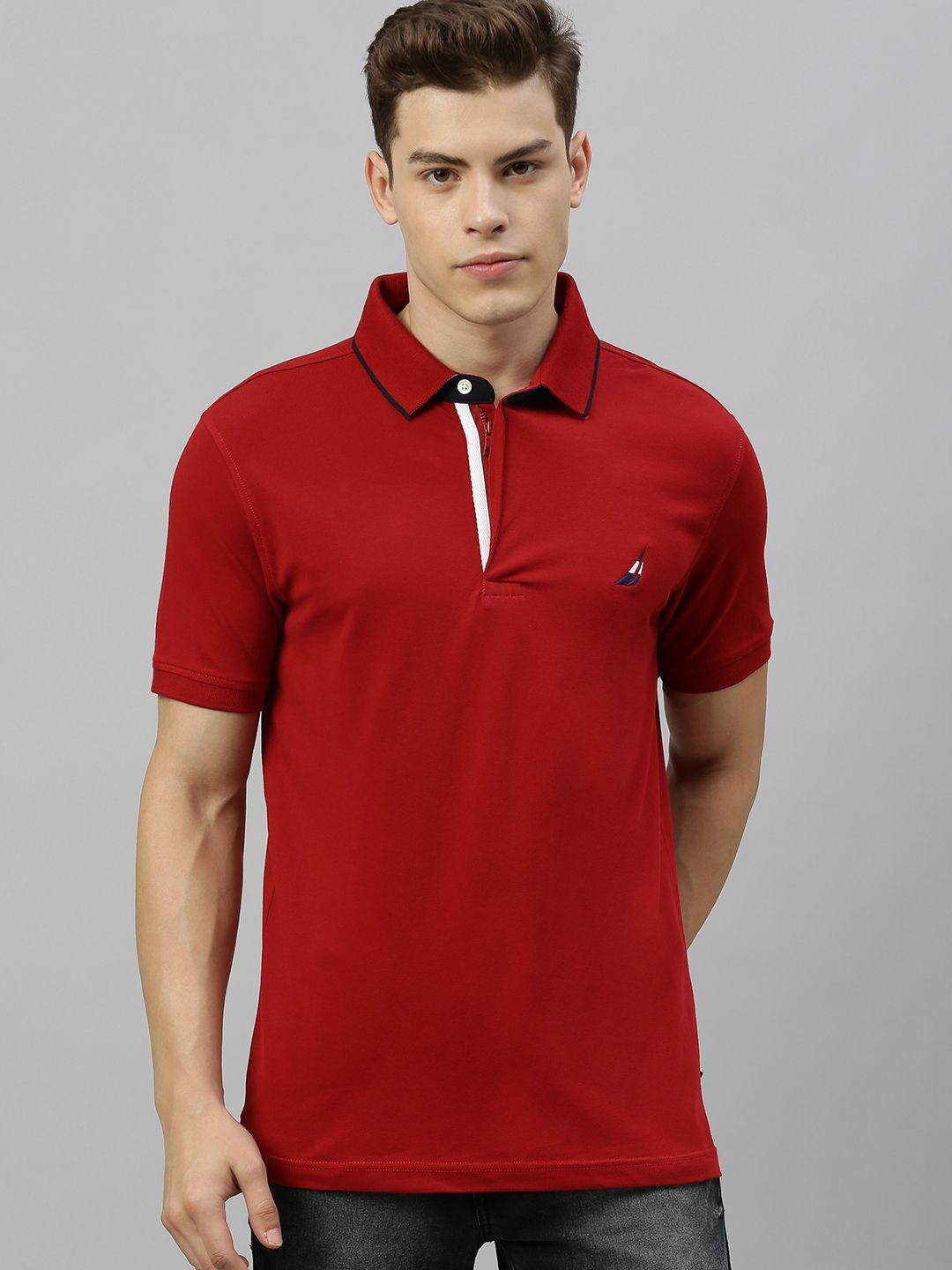 nautica men red solid polo collar t-shirt