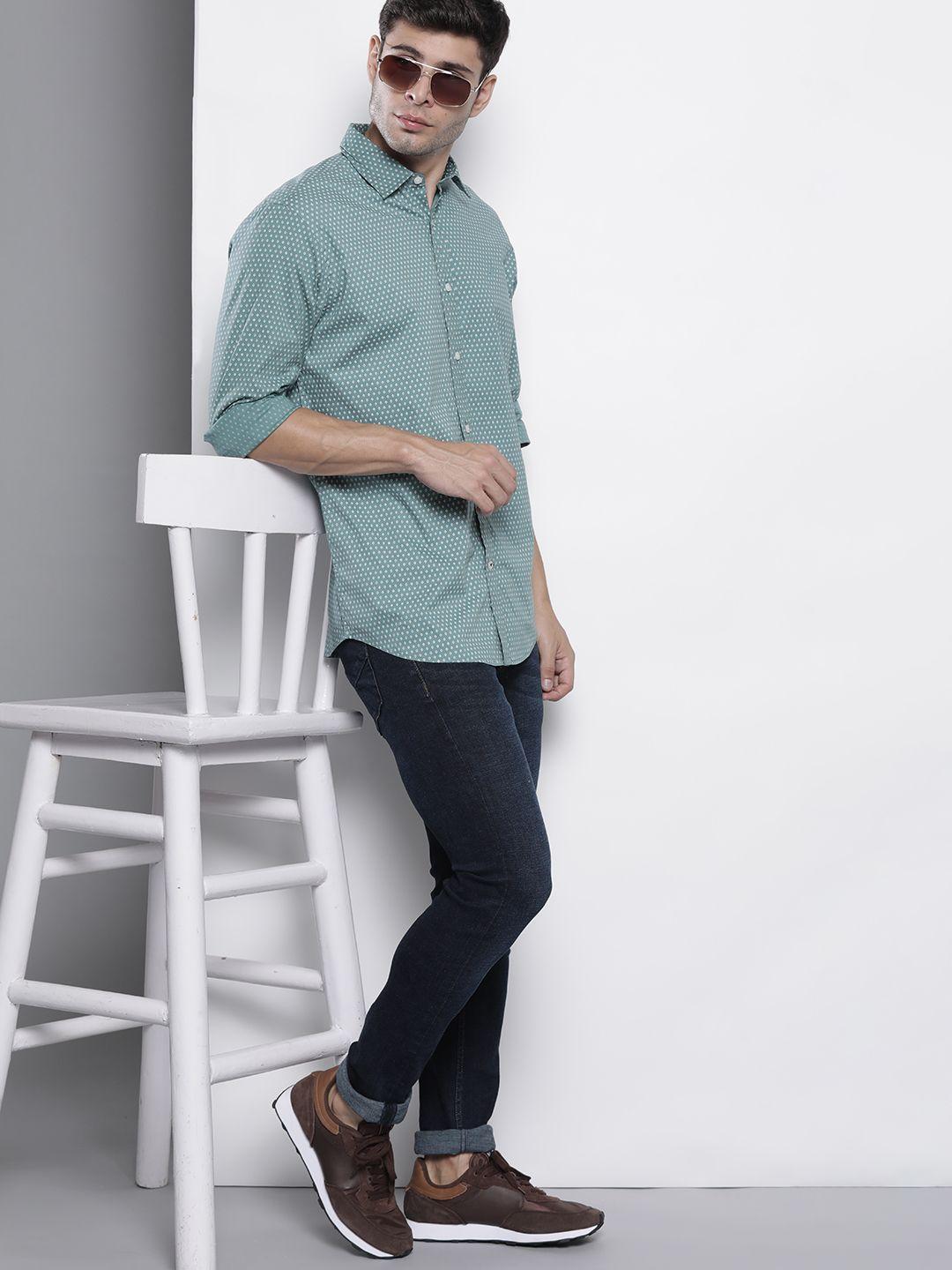 nautica men sea green & white classic fit printed casual shirt