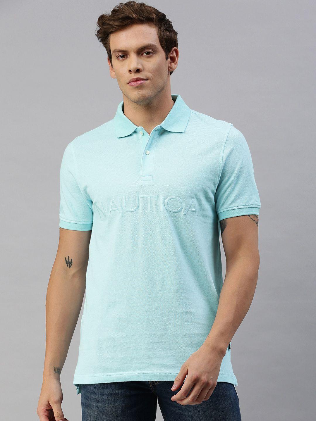 nautica men turquoise blue embroidered polo collar t-shirt