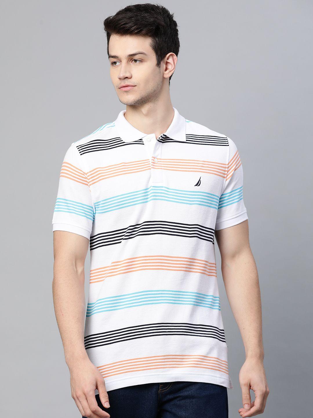 nautica men white & black pure cotton striped polo collar t-shirt