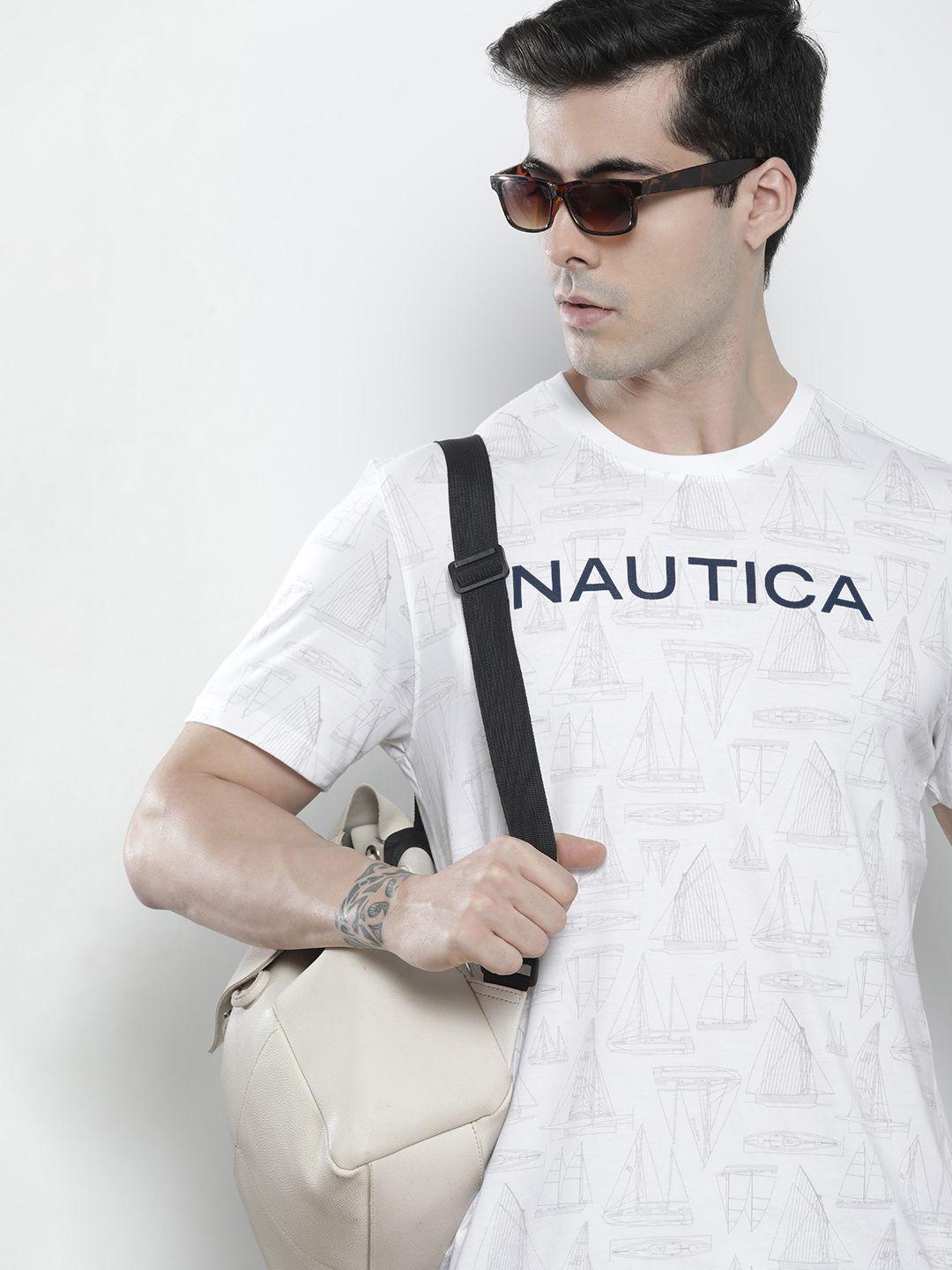 nautica men white & navy blue brand logo printed pure cotton t-shirt