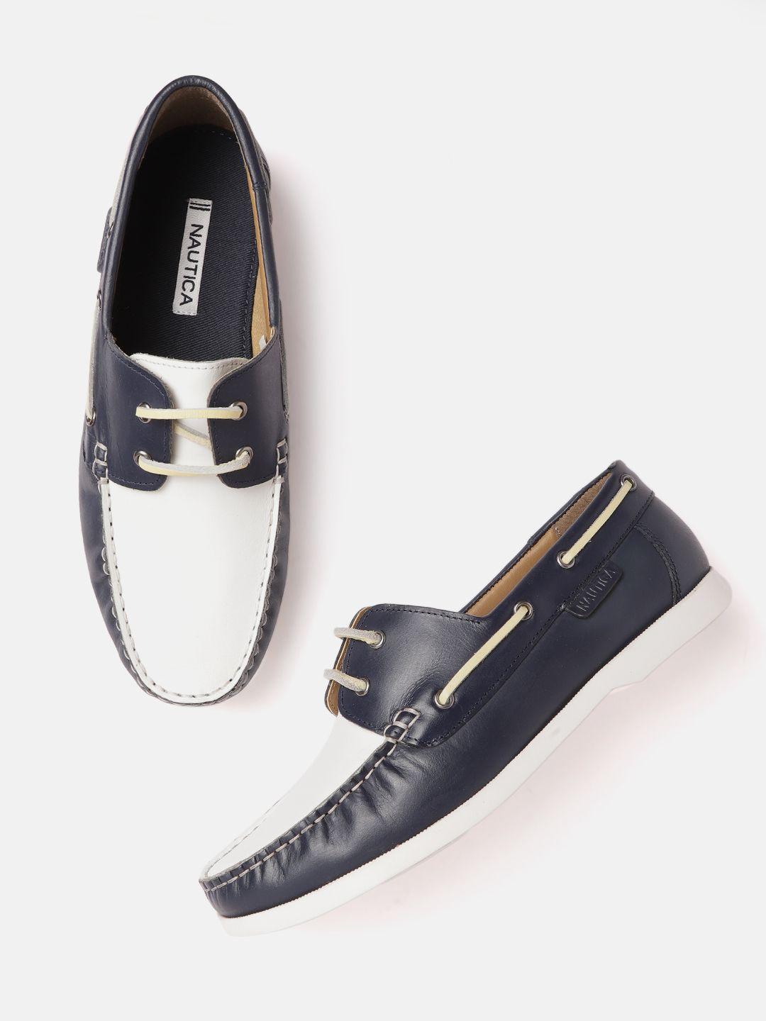 nautica men white & navy blue colourblocked leather sneakers