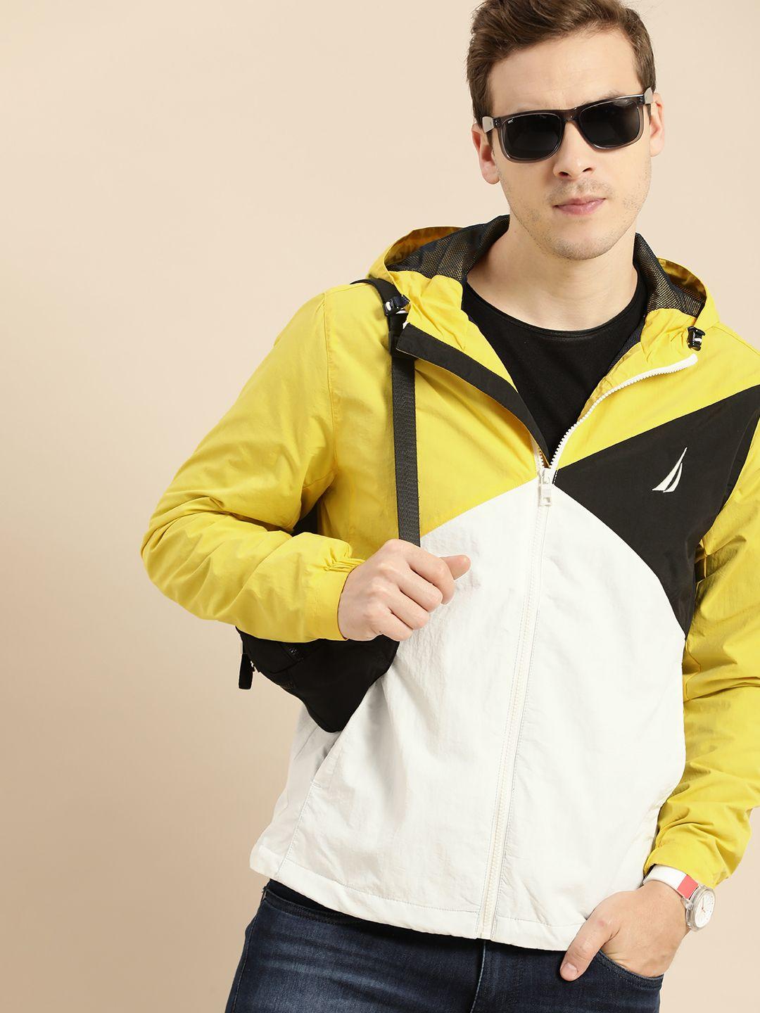 nautica men white & yellow colourblocked sporty jacket