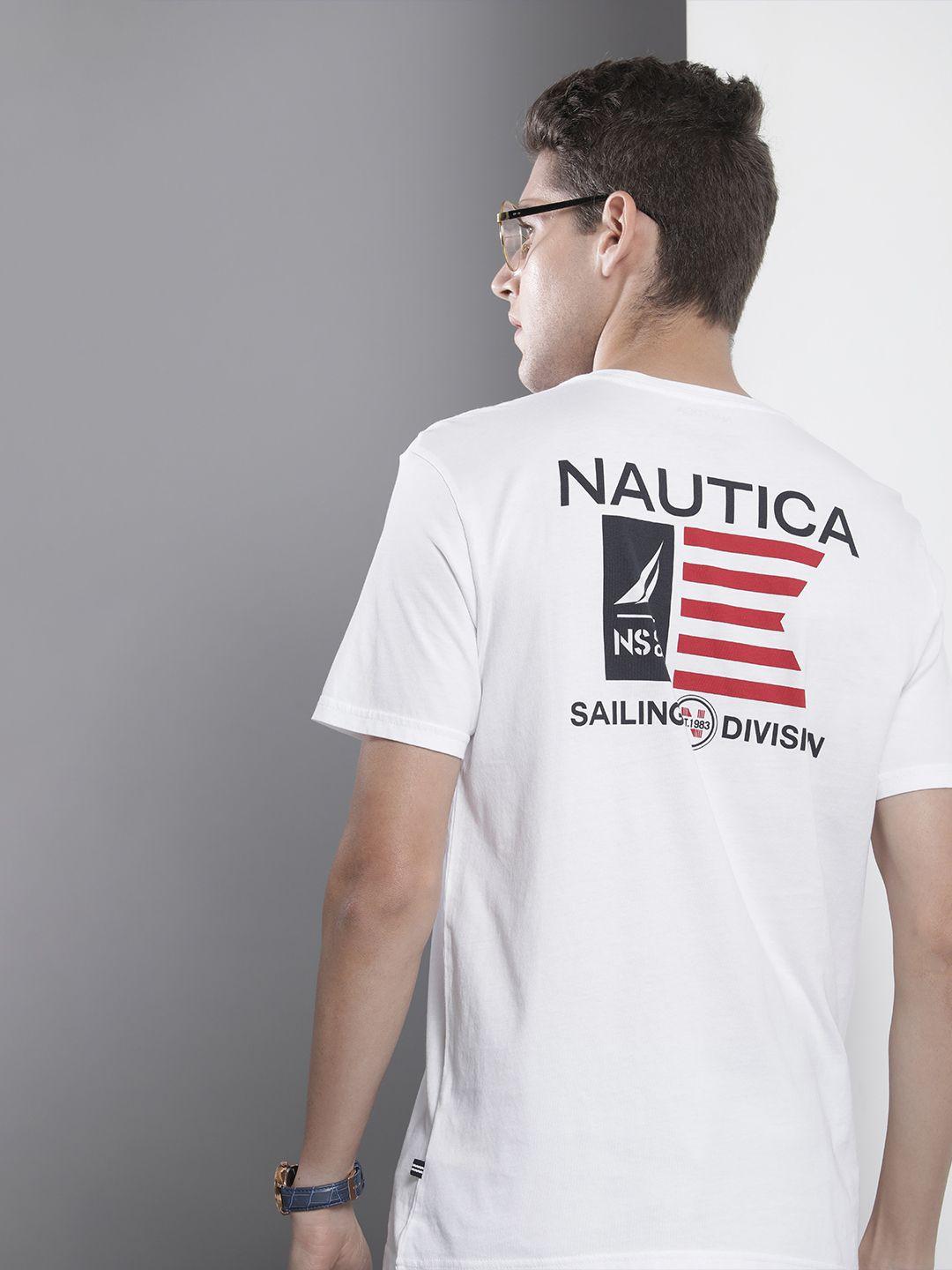 nautica men white pure cotton brand logo printed t-shirt