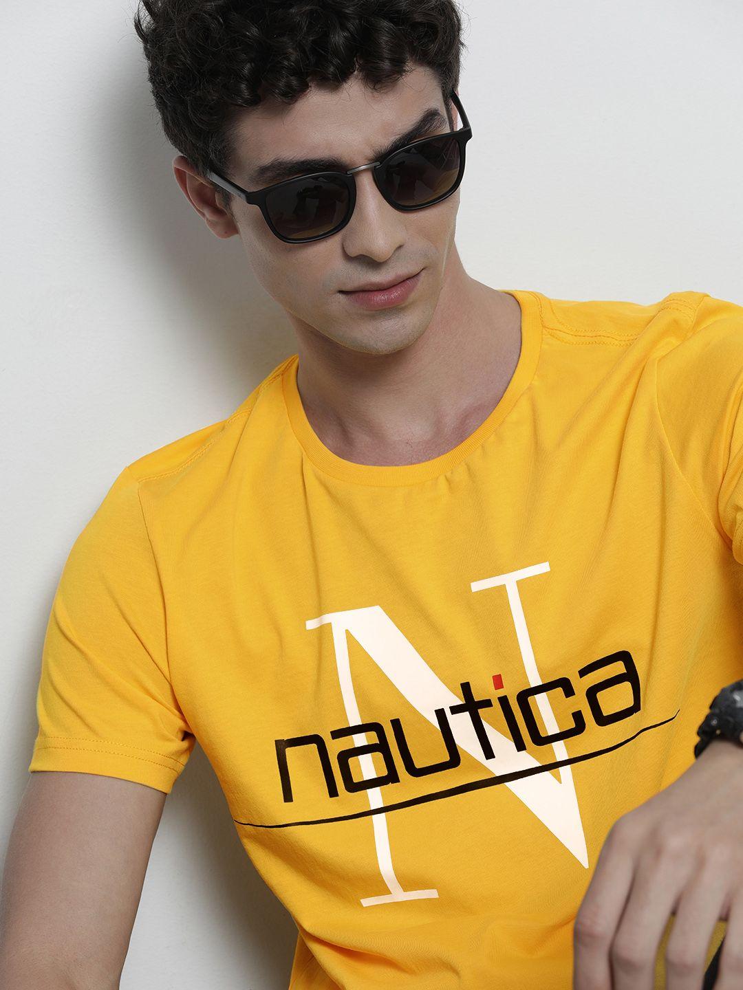 nautica men yellow  black printed pure cotton t-shirt