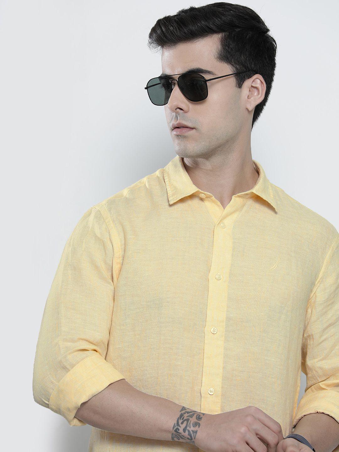 nautica men yellow classic fit linen casual shirt