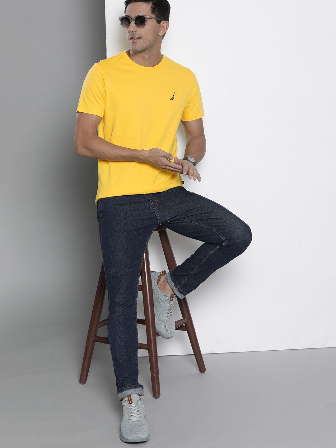 nautica men yellow solid round neck pure cotton slim fit t-shirt