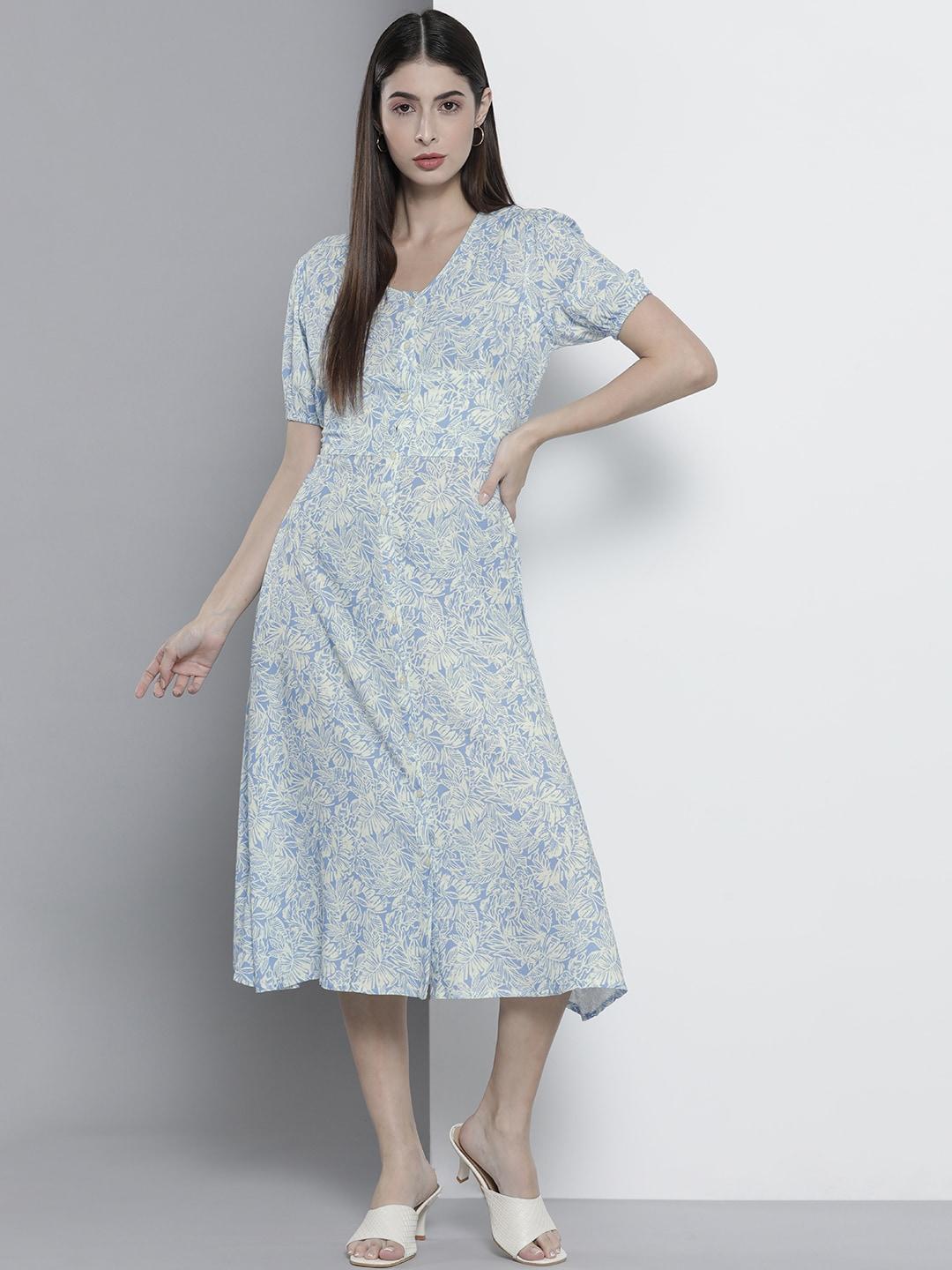 nautica off white & blue floral shirt midi dress