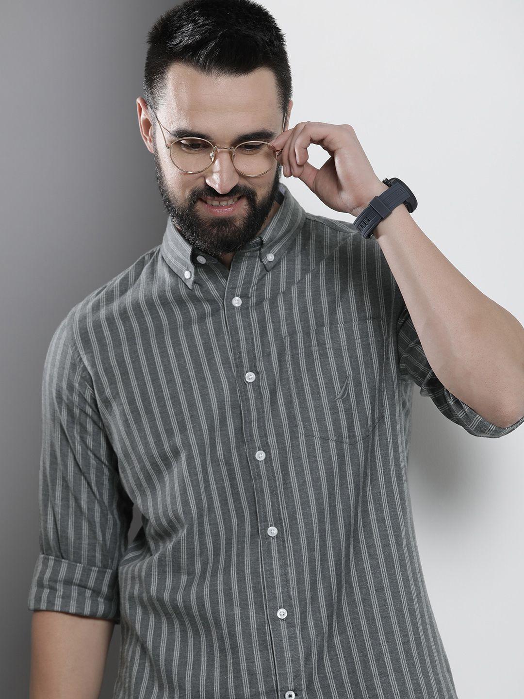 nautica striped button-down collar pure cotton classic fit casual shirt