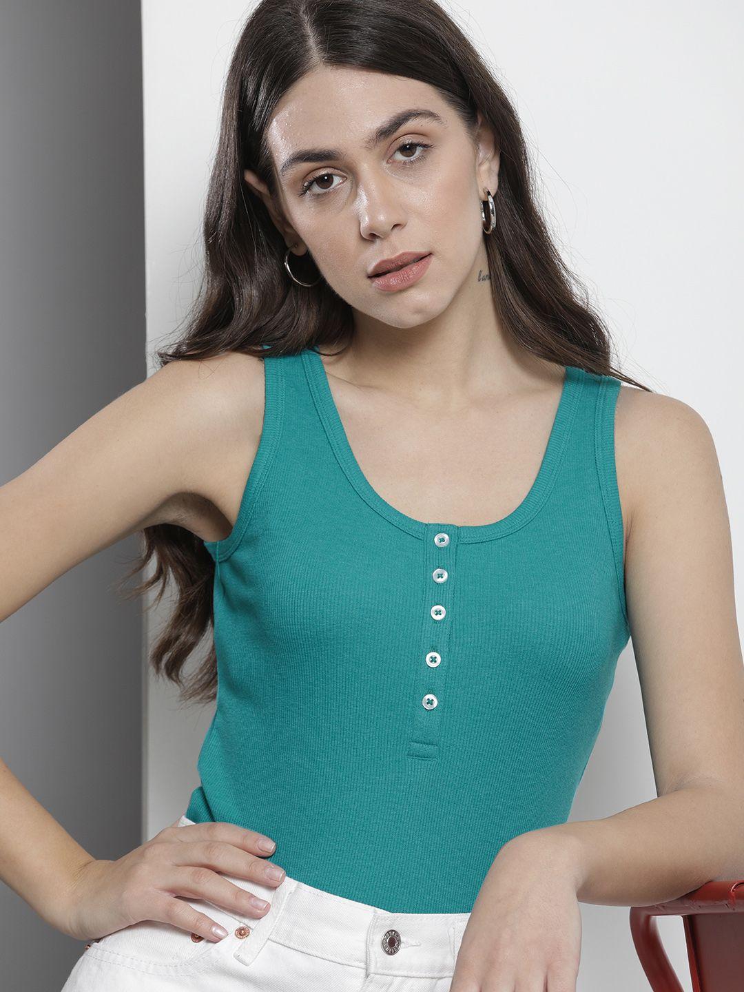 nautica teal green solid round neck knitted tank top