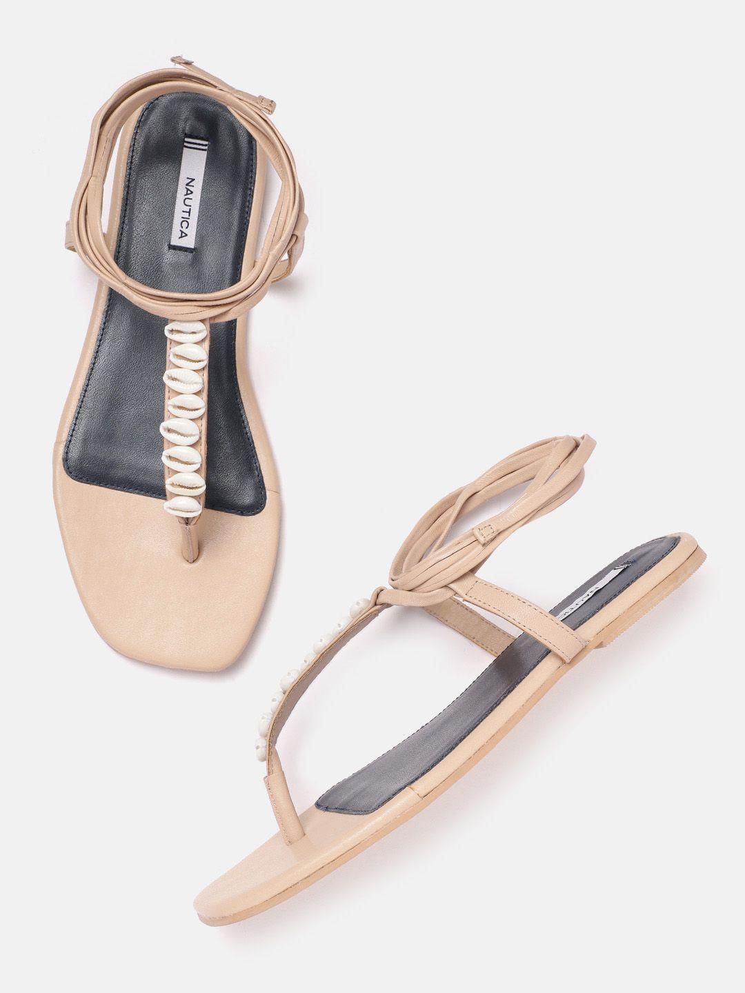 nautica women beige solid t-strap flats with lace-up details