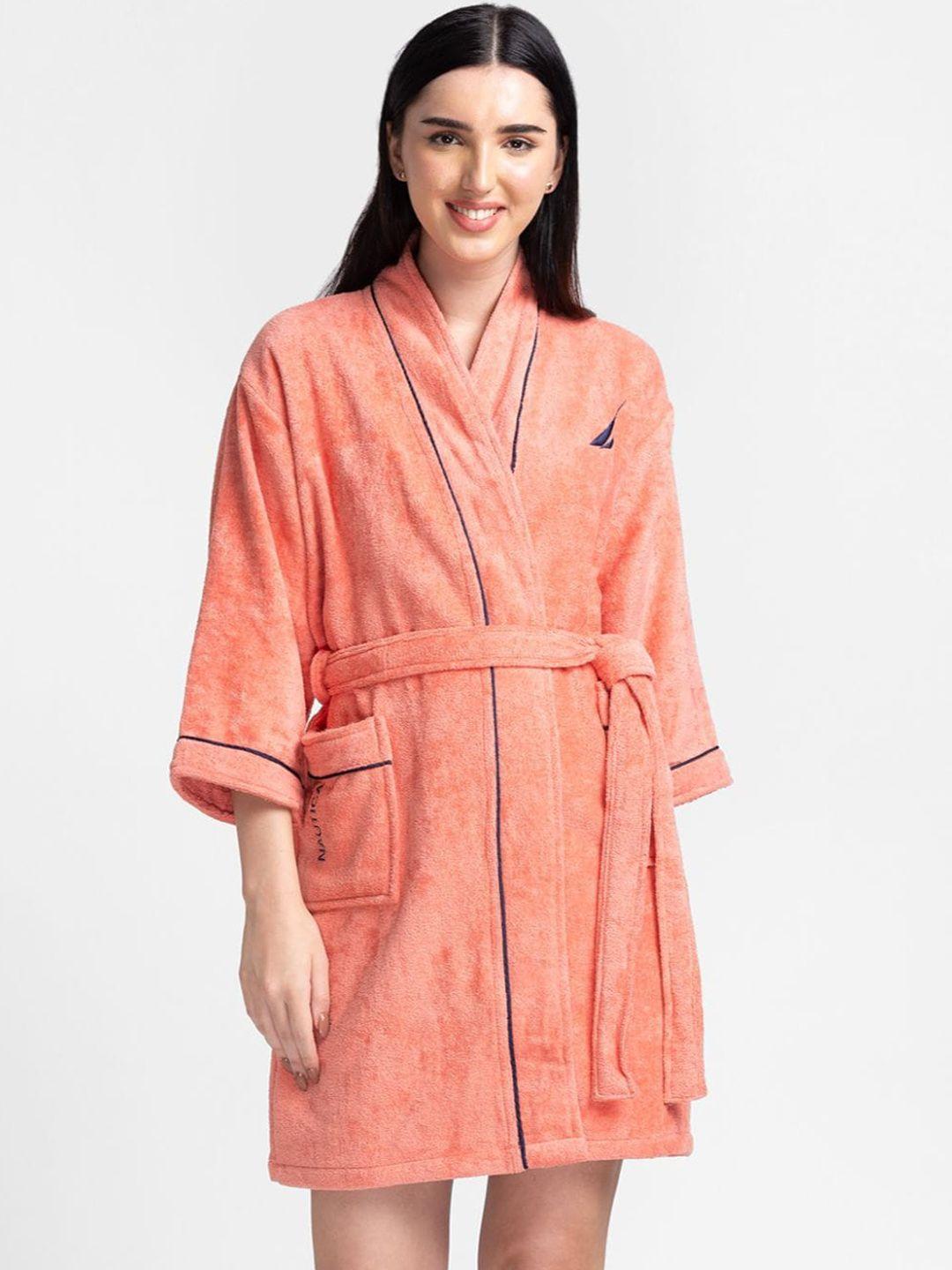 nautica women coral-coloured textured pure cotton bath robe