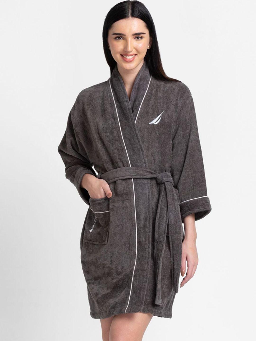 nautica women grey solid pure cotton bath robe