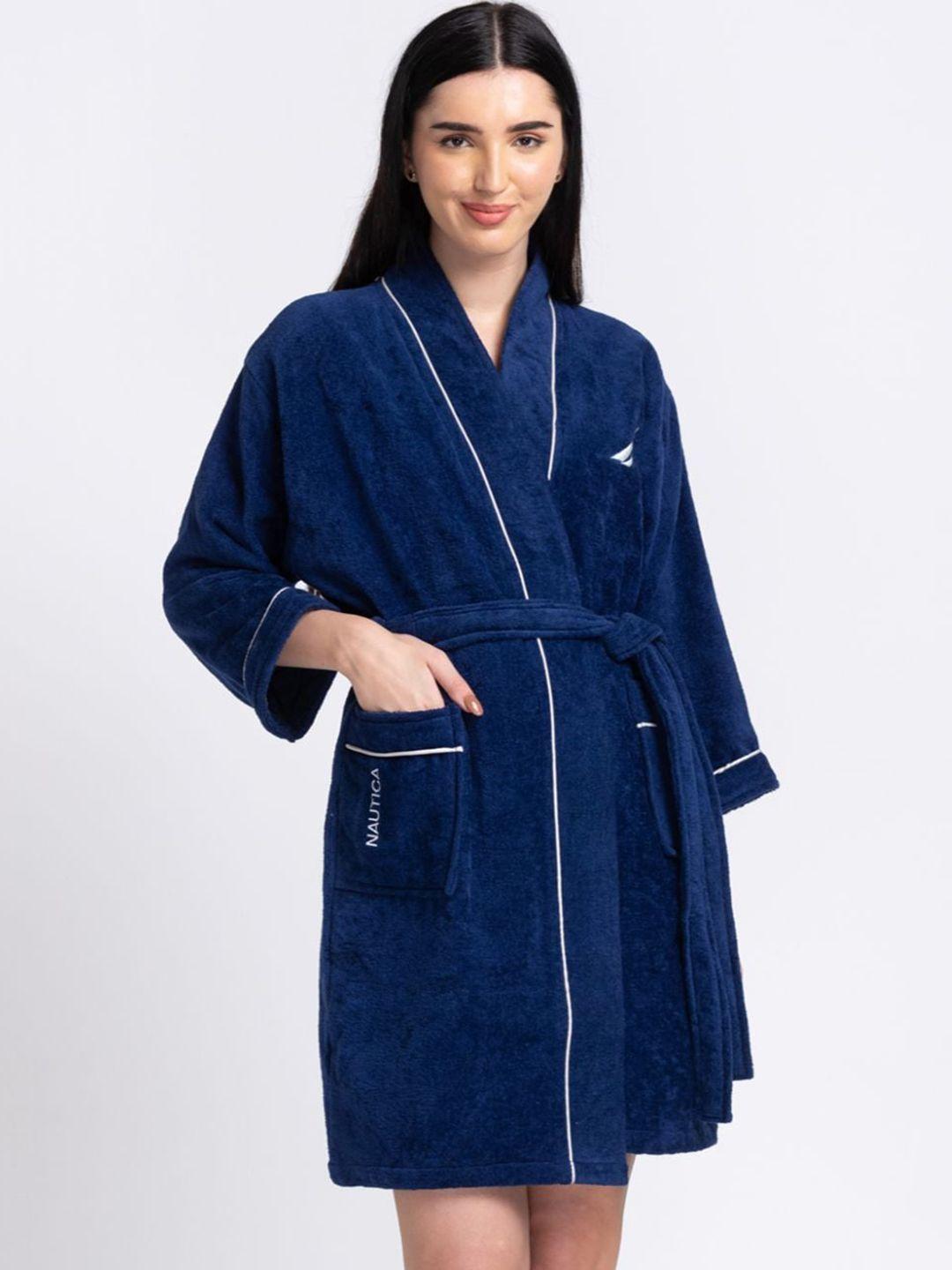 nautica women navy blue solid cotton bath robe