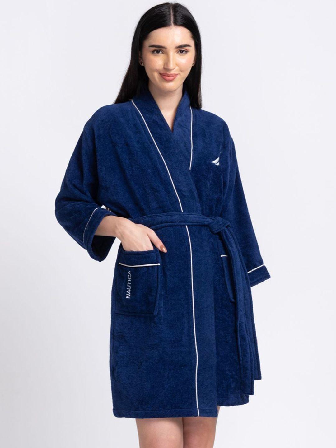 nautica women navy blue solid pure cotton  bath robe