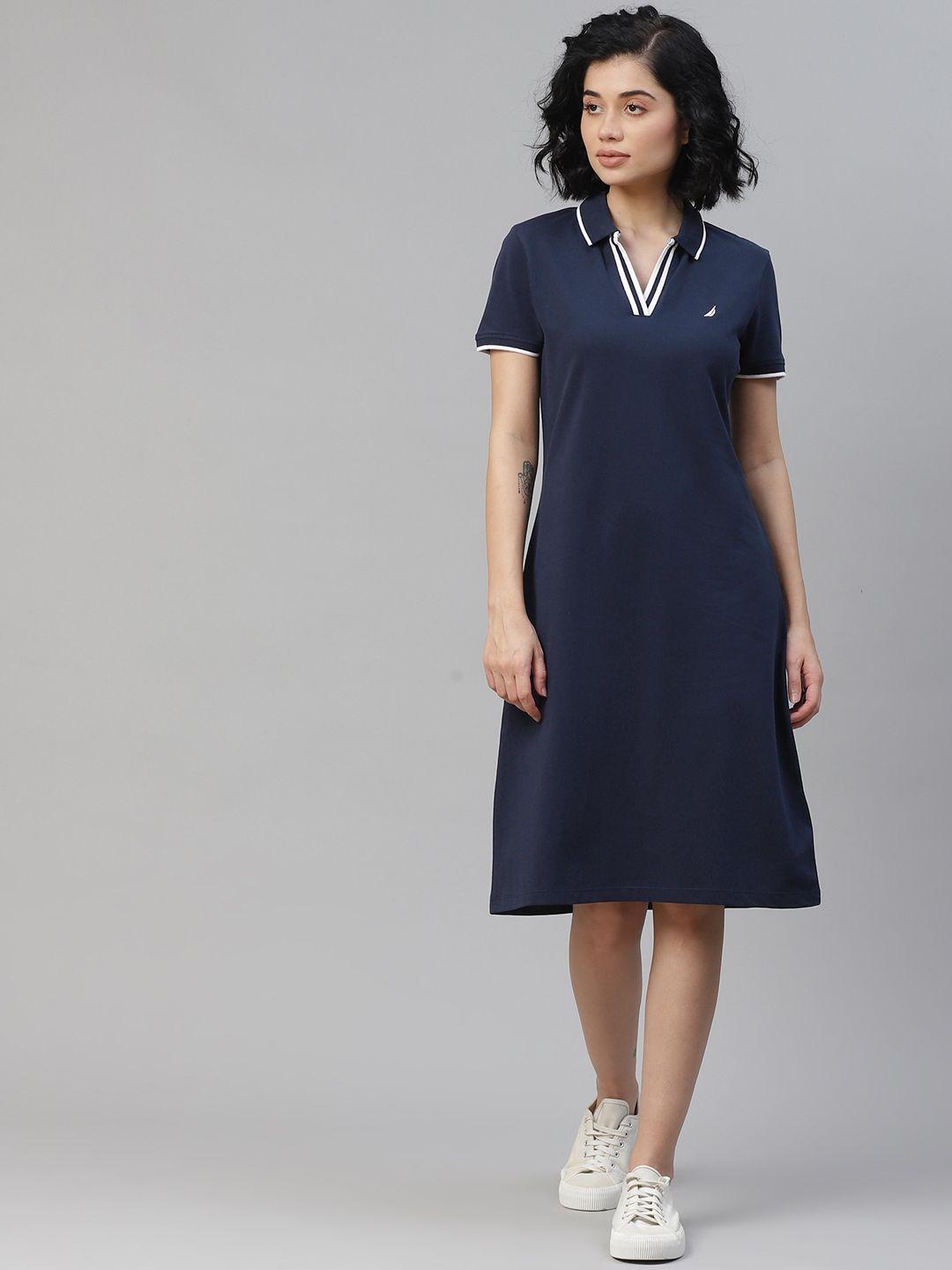 nautica women navy blue solid t-shirt dress