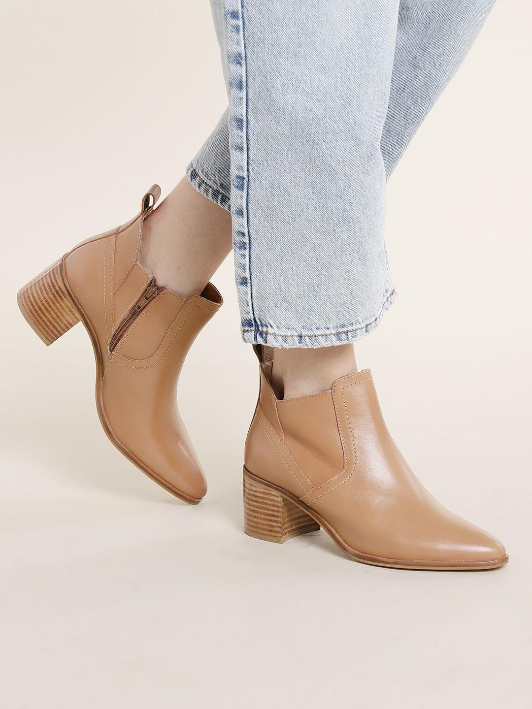 nautica women nude-coloured solid mid-top heeled leather boots