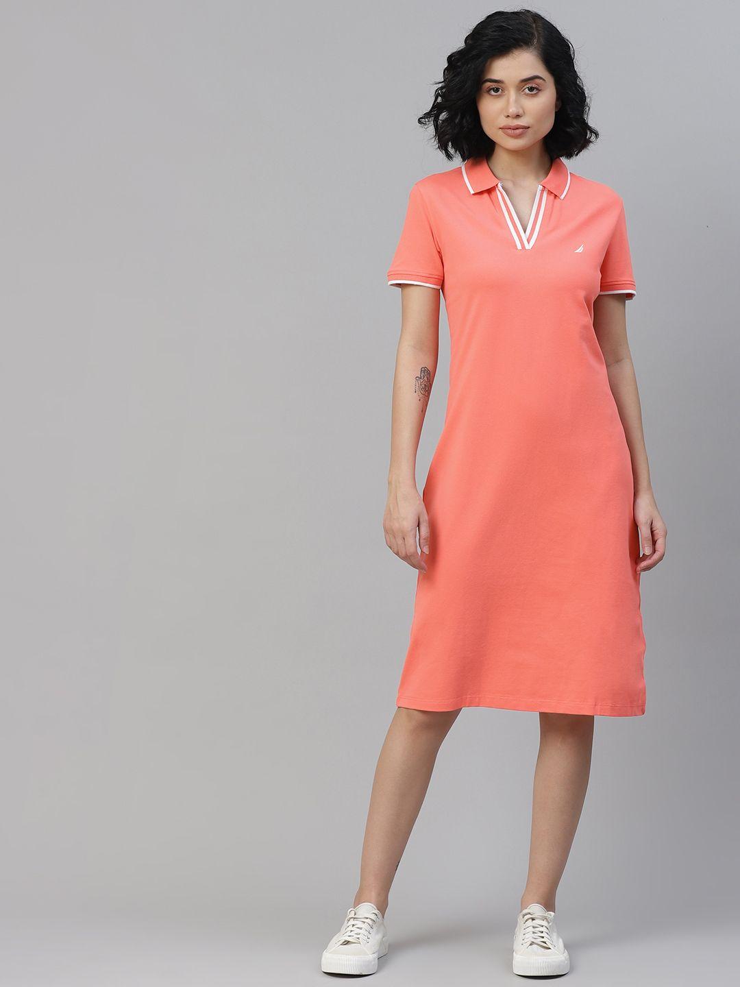 nautica women peach-coloured solid polo collar t-shirt dress
