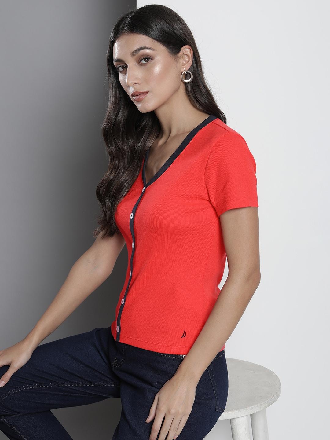 nautica women red & navy blue solid v-neck regular top