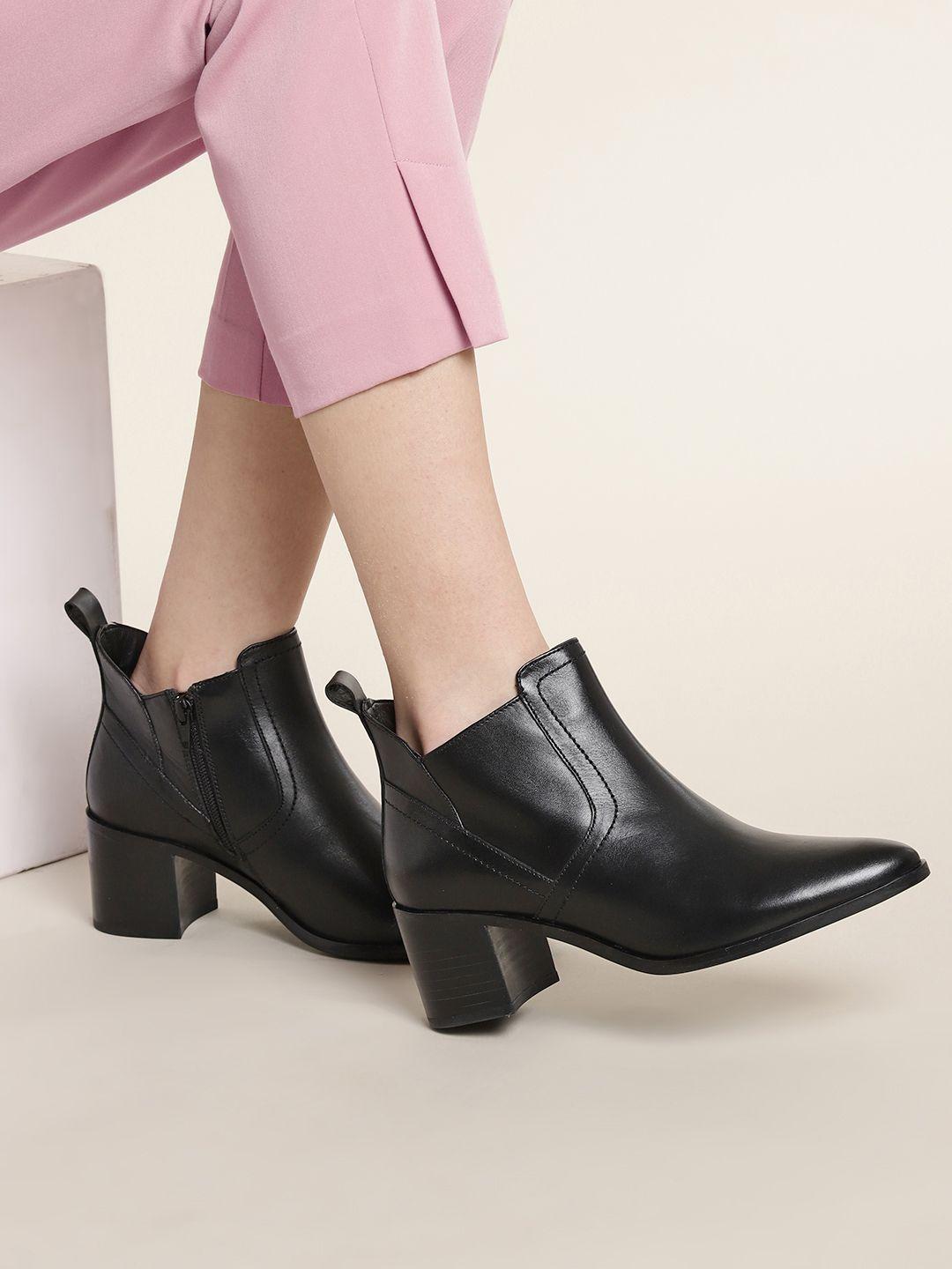 nautica women solid mid-top leather block heel regular boots