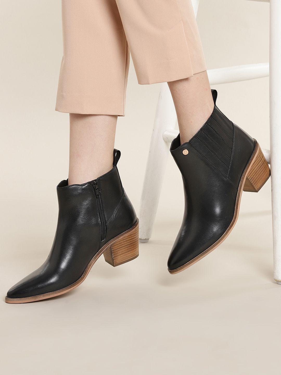 nautica women solid mid-top leather block heel regular boots