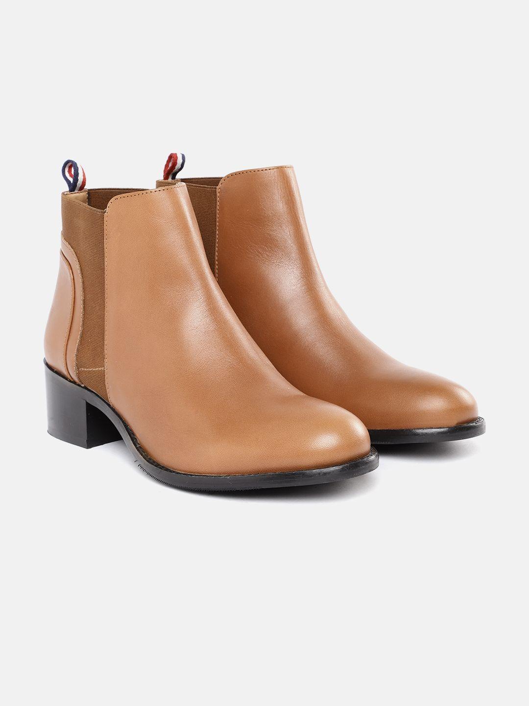 nautica women tan brown solid mid-top leather chelsea boots