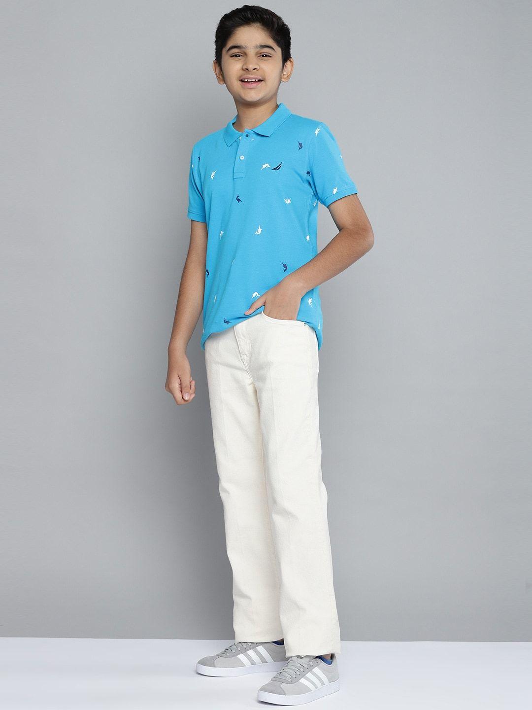 nautica boys blue & white printed cotton polo collar t-shirt