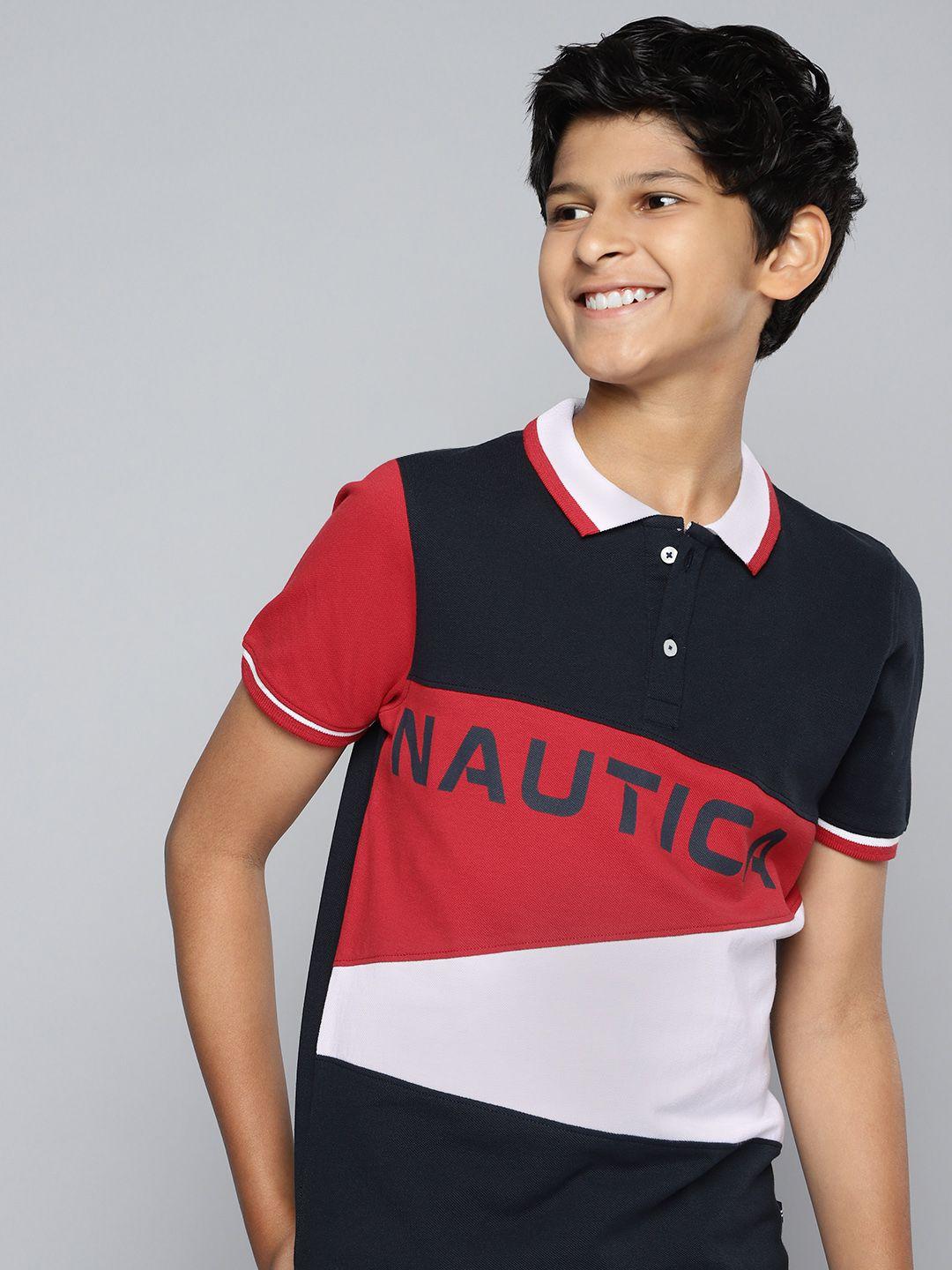 nautica boys colourblocked brand logo print detail pure cotton t-shirt