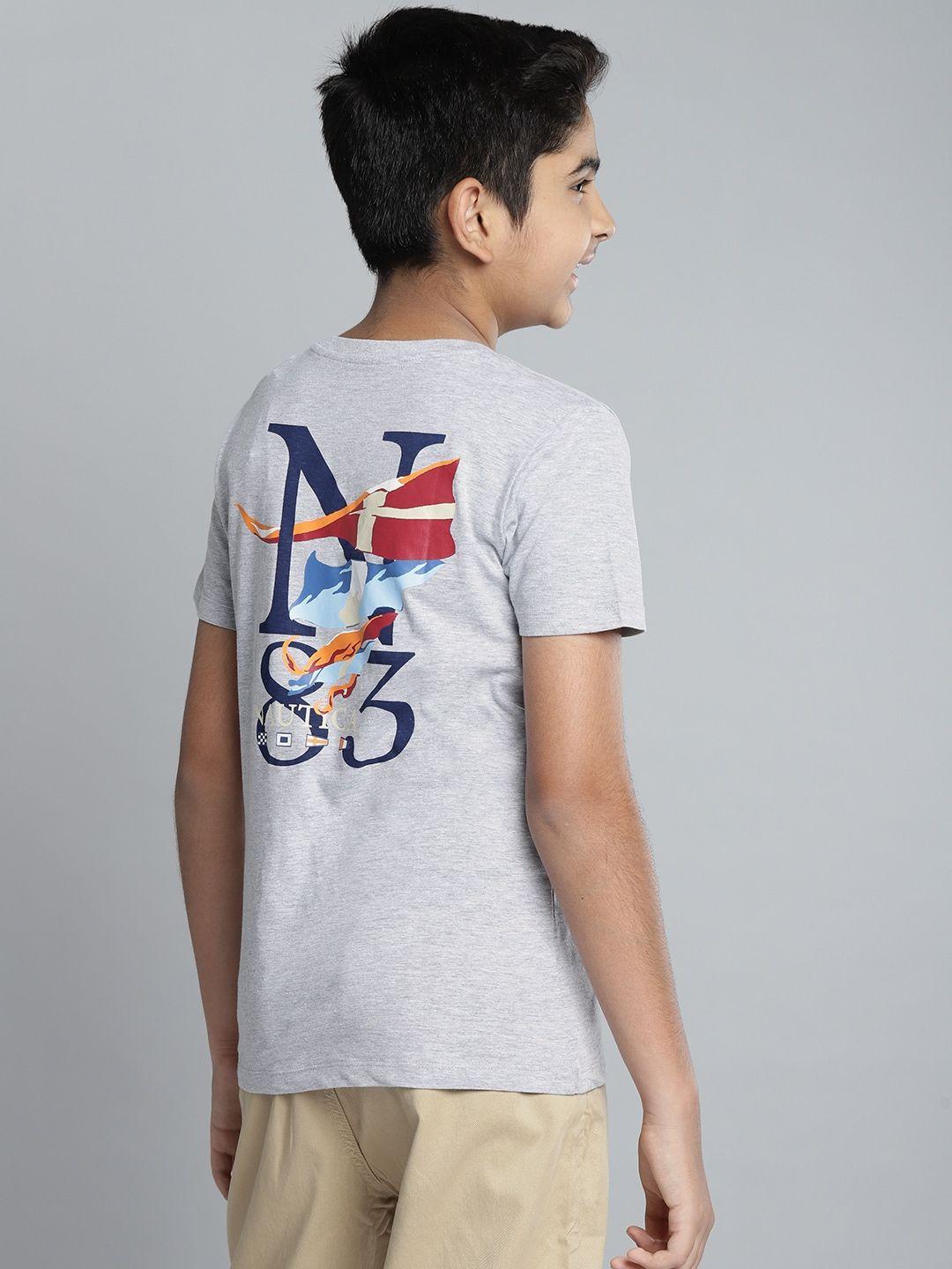 nautica boys grey melange brand logo print round neck pockets pure cotton t-shirt