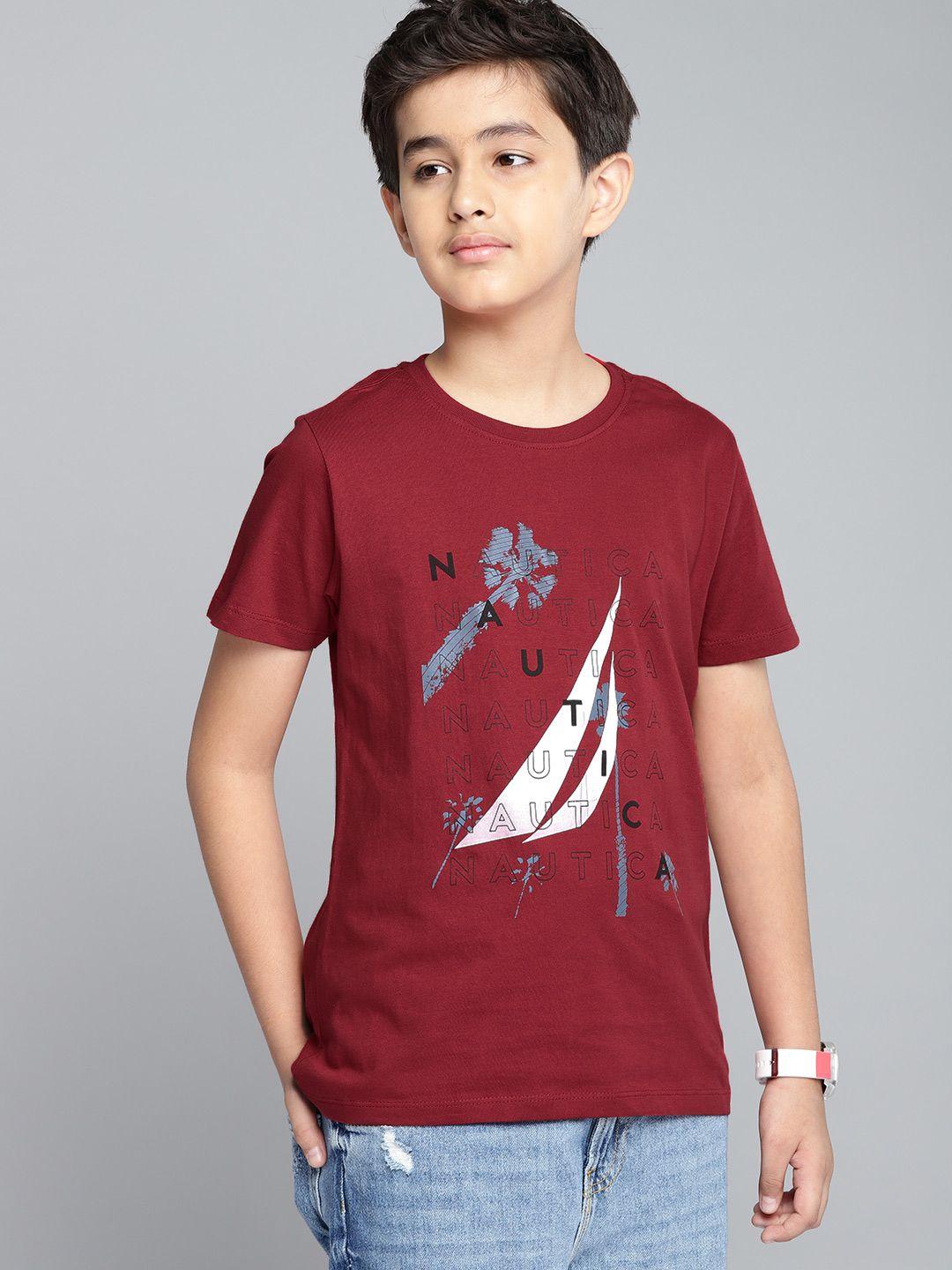 nautica boys maroon brand logo print round neck pure cotton t-shirt